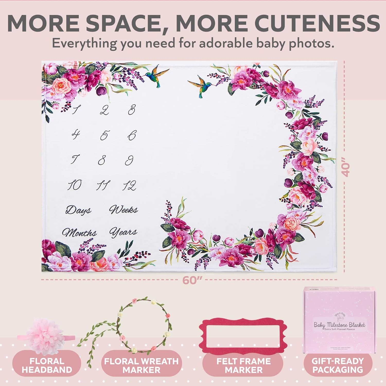 Bliss n' Baby Monthly Milestone Blanket for Baby Girl - 60"x40" - Wrinkle Free Baby Age Month Blanket with Growth Chart - Washable & Dryable - w/Wreath & Headband - Floral Theme - Image 3