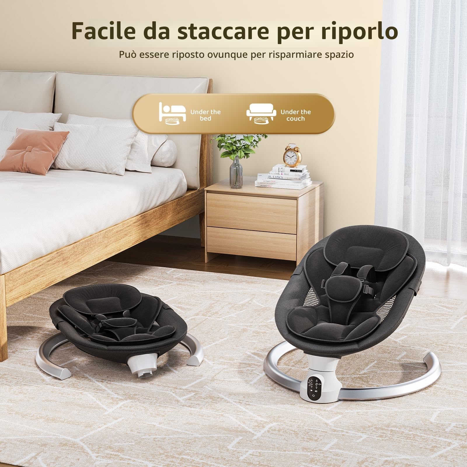 Sdraietta Neonati Elettrica - App e Telecomando Dondolo Bambina Elettrico con 3 timer, 5 Velocità di Altalena, 10 Musiche, Sdraietta Neonati Bluetooth Imbottita Morbida Baby (APP Nero)