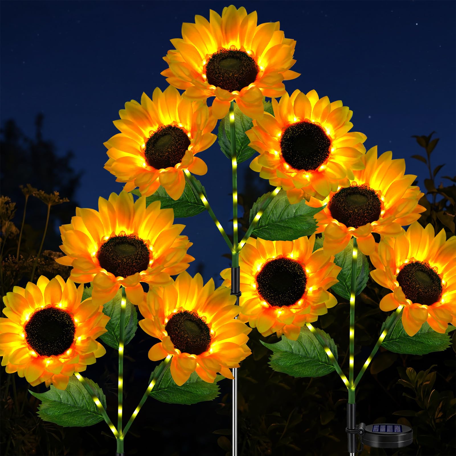 Solar Sunflowers Outdoor Waterproof, 3 Pack Solar Flowers Stake Lights with 9 Big Realistic LED Sunflower for Yard, Garden, Cemetery Grave, Lawn, Flower Pot, Fall Outside Decorations (Sunflowers)