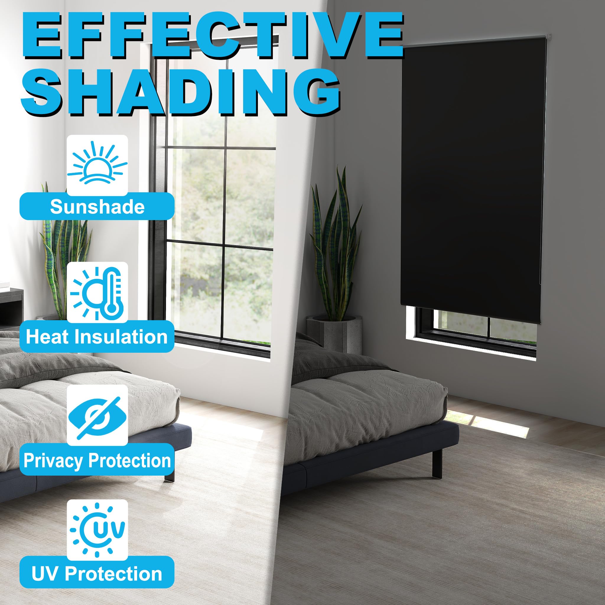 UISEBRT Estor opaco sin agujeros, para ventanas, 120 x 210 cm, fijación Klemmfix, estor lateral, protección visual y protección solar (negro)