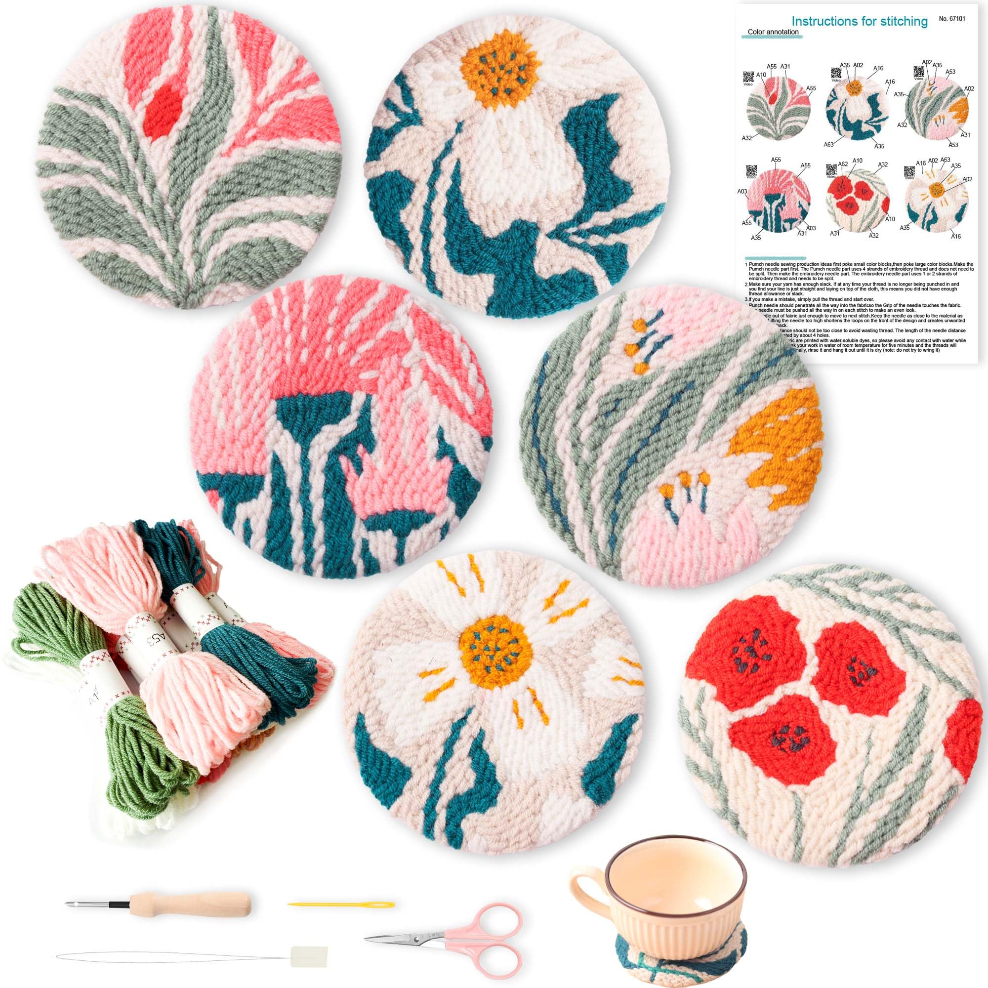 REEWISLY Punch Needle Kits 6pcs for Coaster, 1pc Embroidery Hoop, Essential Punch Needle Supplies,Ideal Punch Art for Beginners,DIY Adults Embroidery,