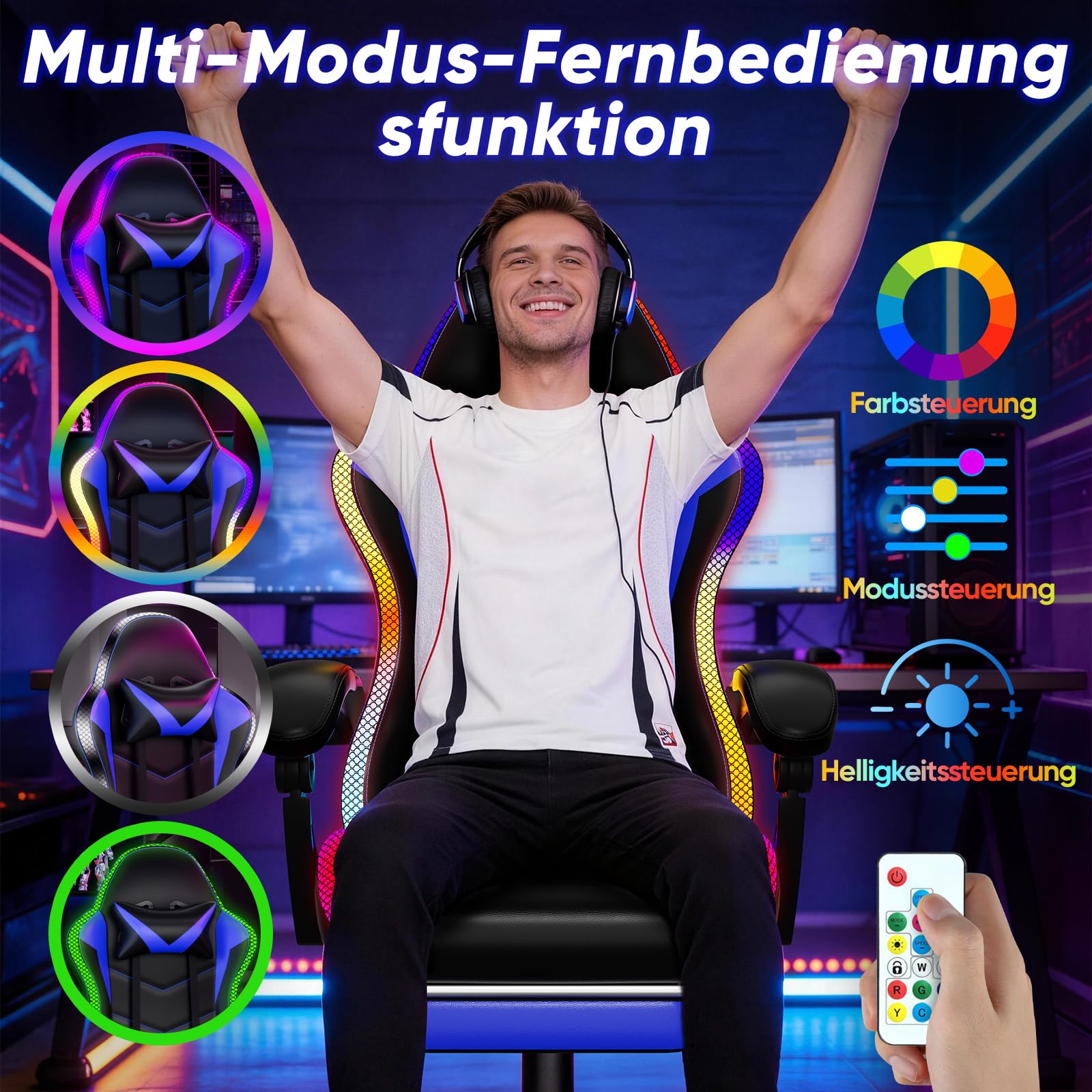 Czlolo Gaming Stuhl, RGB LED-Licht Gaming Sessel mit Fußstützen, Ergonomische Bürostuhl, Gaming PC Chair für Erwachsene und Kinder, Computer Stuhl mit Kopfstütze und Massge, Höhenverstellbar, Blau