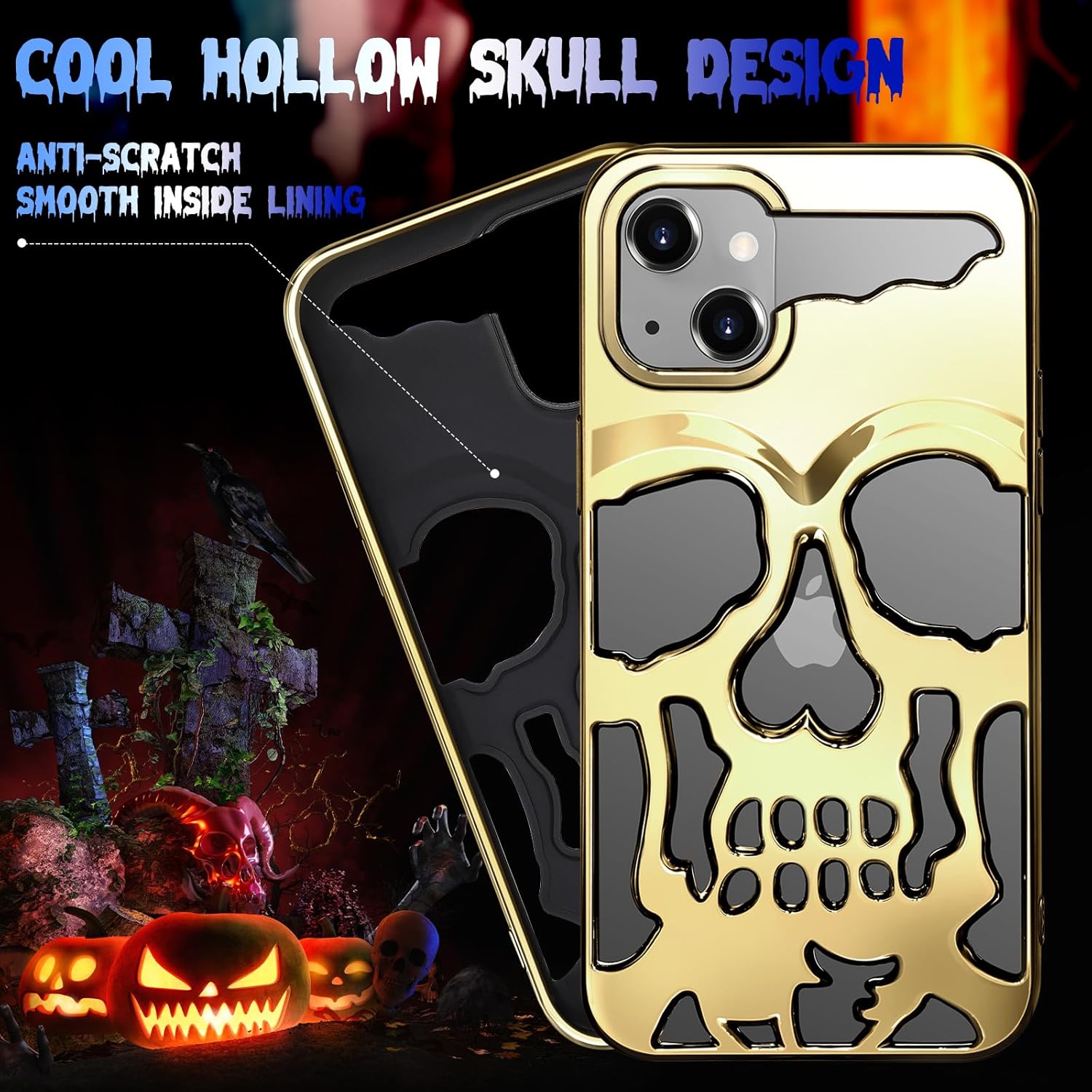 for iPhone 13 Phone Case for Men Women, Cool Skull Skeleton Funny Gothic Hollow Phone case for iPhone 13 Cute Hollowed Plated Shockproof Cover for Boys Girls, Golden - Image 3