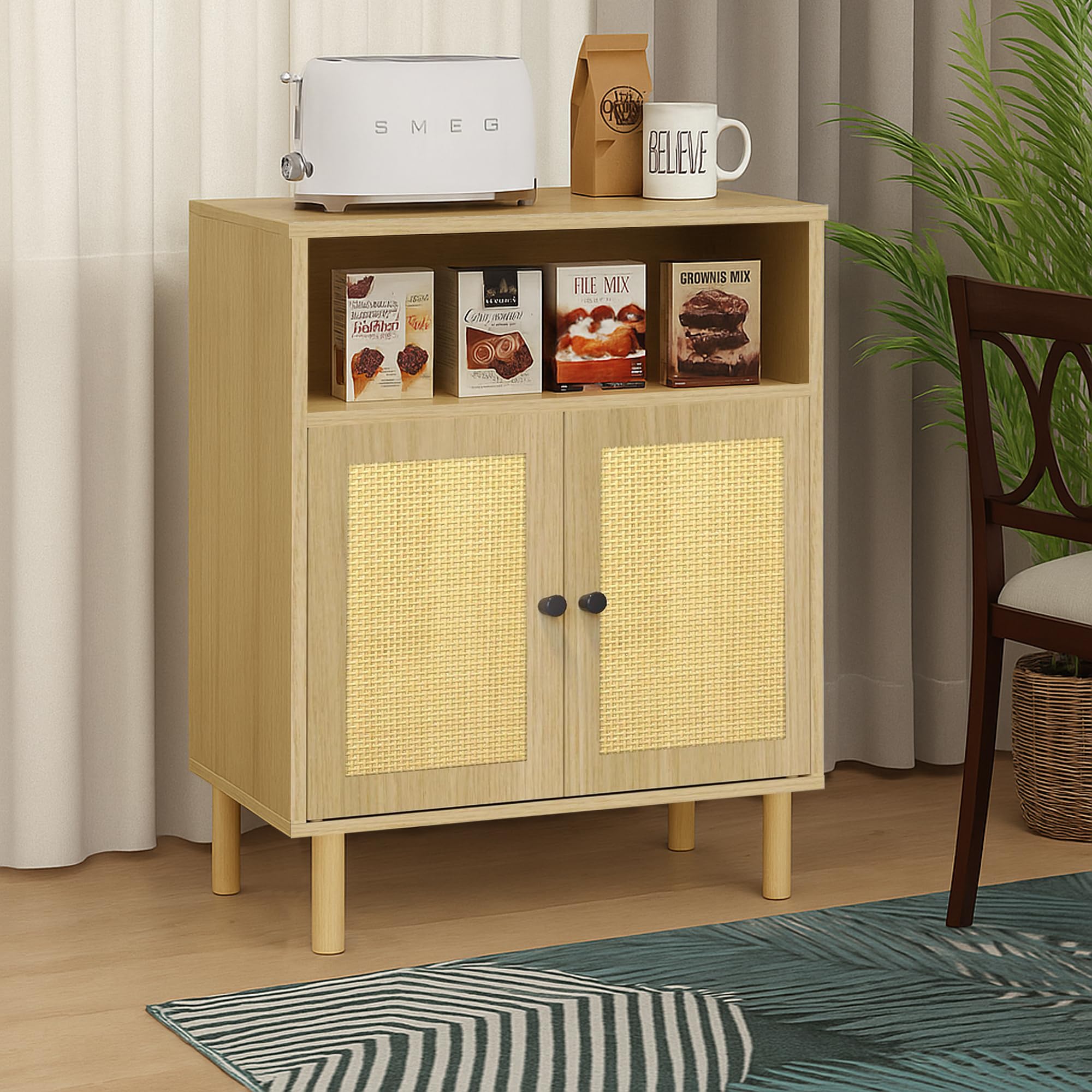 DongRong Rattan Small Coffee Bar Cabinet, Kitchen Storage Sideboad,Bathroom Corner Floor Shallow Cabinet with Adjustable Shelves & 2 Doors 11.6'' x