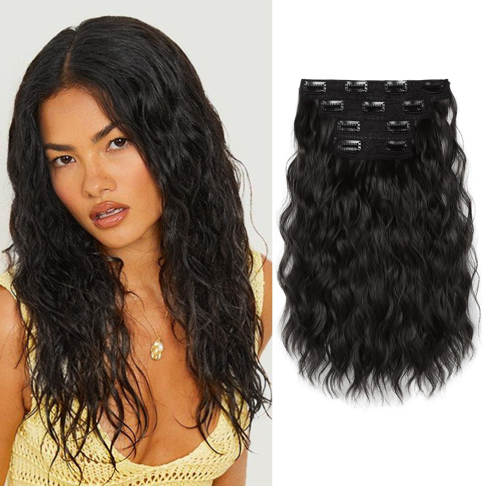 REECHO Clip in Hair Extensions, 4PCS Hair Extensions 14" Short Wavy Invisible Lace Weft Natural Soft Hairpieces for Women – Black Brown