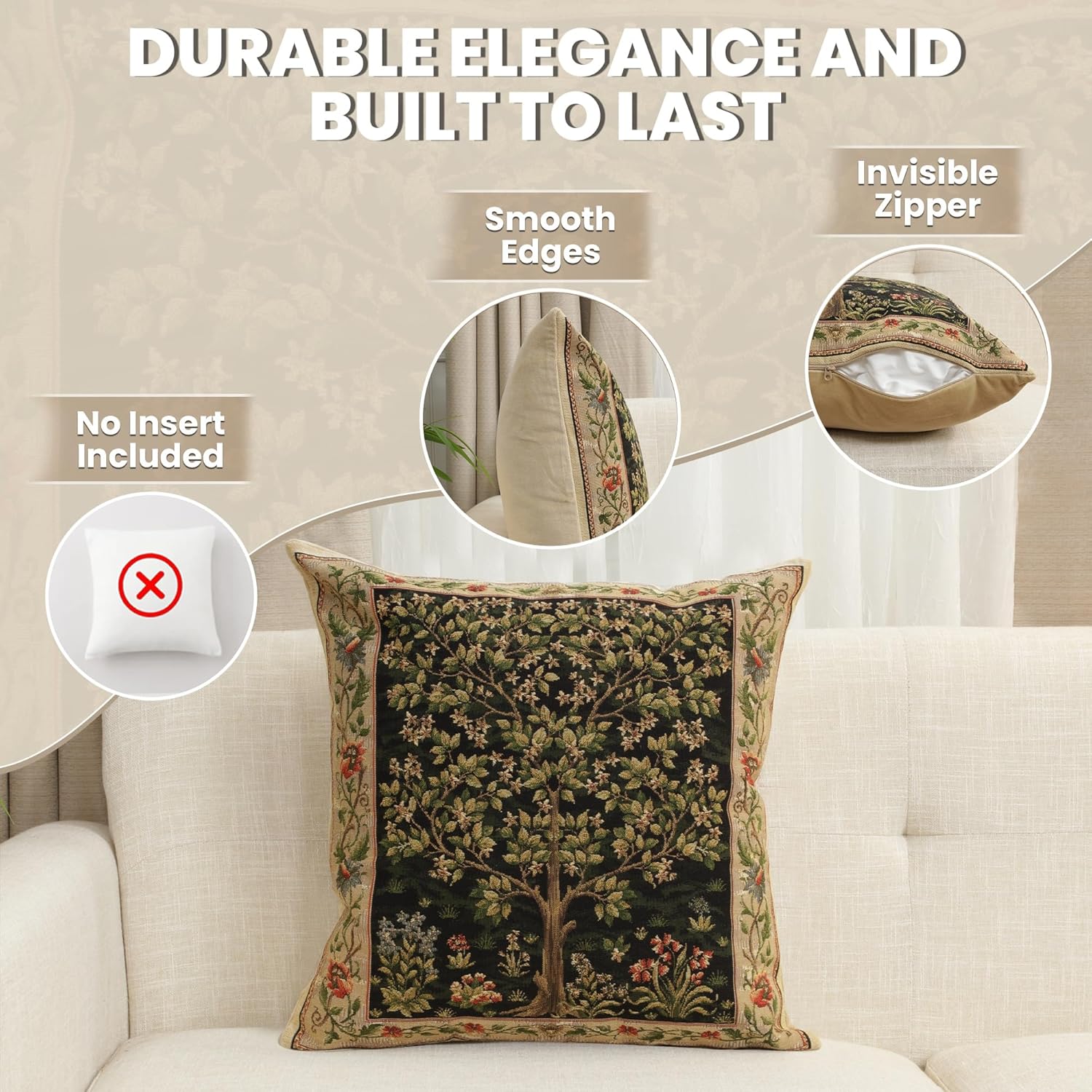 Charlotte Home Furnishings Throw Pillow Covers Decorative Boho Pillow Covers for Couch Living Room Black Tree Square Cushion Cases 18x18 in European Cotton Jacquard Woven for Cozy Bedroom Decor