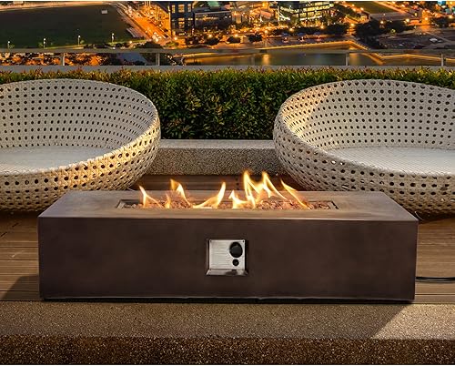 Miniatura 3 de Mesa de fuego de gas propano para patio, 50,000 BTU para exteriores, rectangular, acabado similar al hormigón con rocas de lava, cubierta de lluvia,