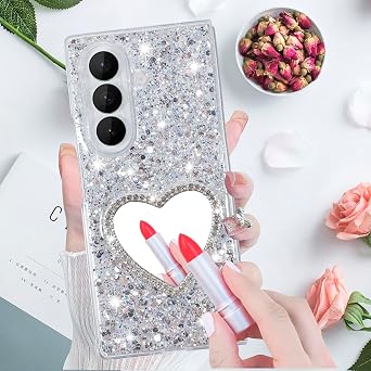 for Galaxy Z Fold 7 Case Glitter Love Mirror Protective Cover for Samsung Galaxy Z Fold 7 2025 5G for Women - Love