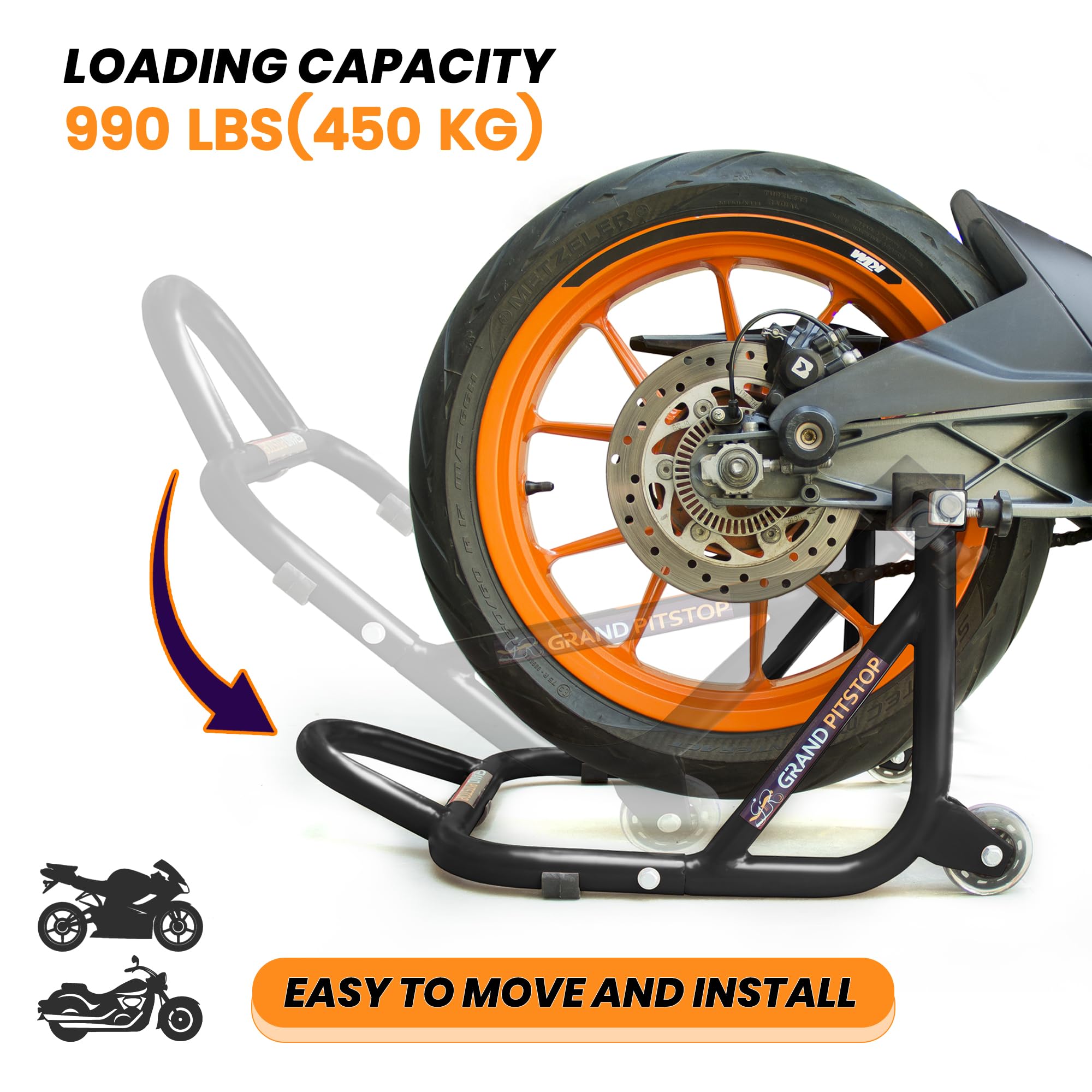 GRAND PITSTOP Motorcycle Stand, Paddock Lift Stand for Rear Wheel with Fork & Swingarm Spool,Weight capicity 990Lbs & 450 Kg's, Dismantable Stand, for Yamaha Honda Kawasaki Suzuki Motorcycles, Black