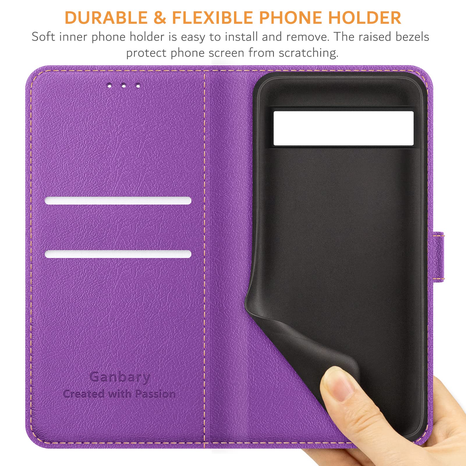 Ganbary Custodia A Libro In Pelle PU Con Supporto Per Google Pixel 7A - Viola, Porta Carte E Funzione Stand - 2