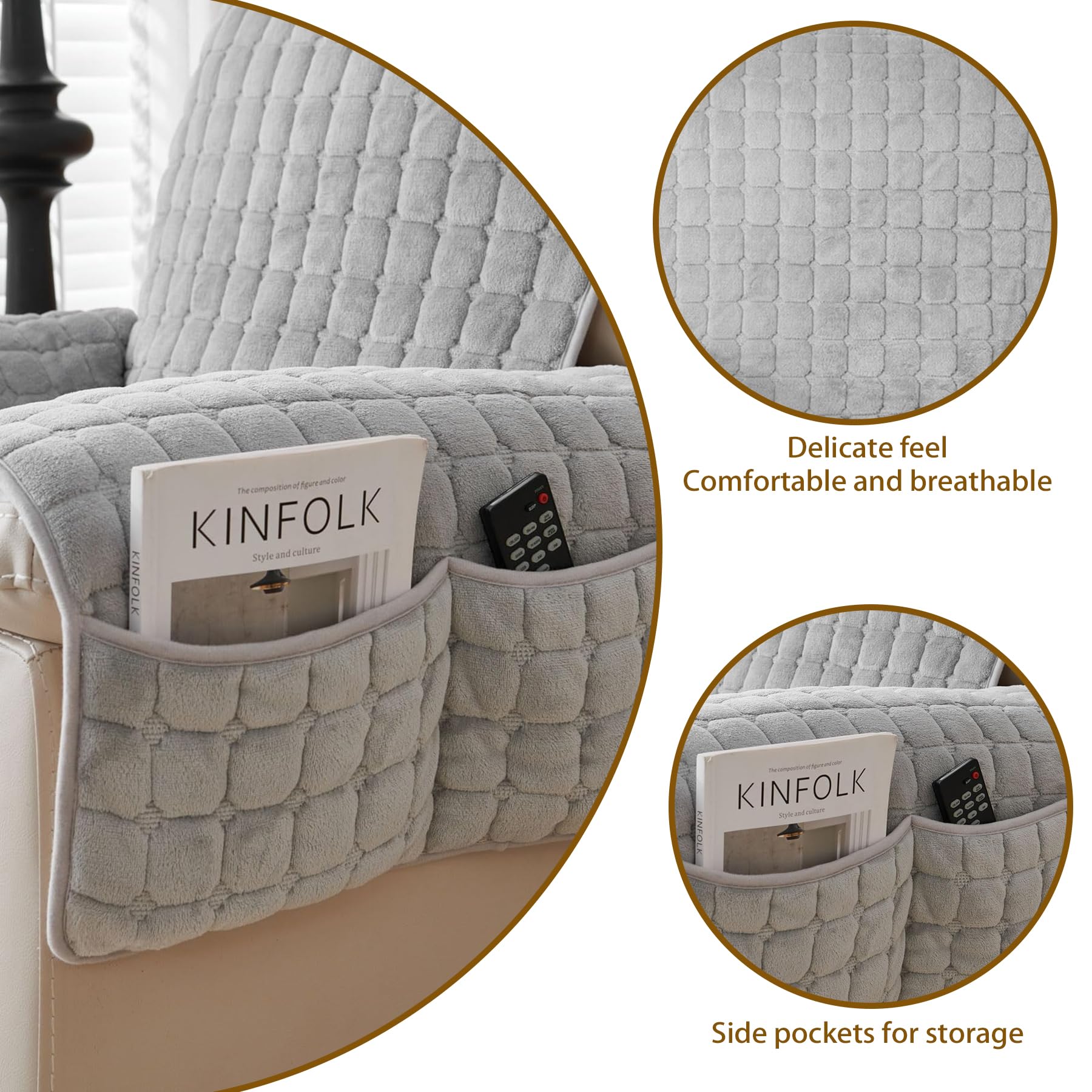 Copripoltrona Relax Reclinabile Universale, Copripoltrona 1 Posto con Tasche e Elastico, Copri Poltrona con Braccioli – Protezione Anti-Macchie e Antigraffio, Lavabile(Grigio,167 * 190cm)