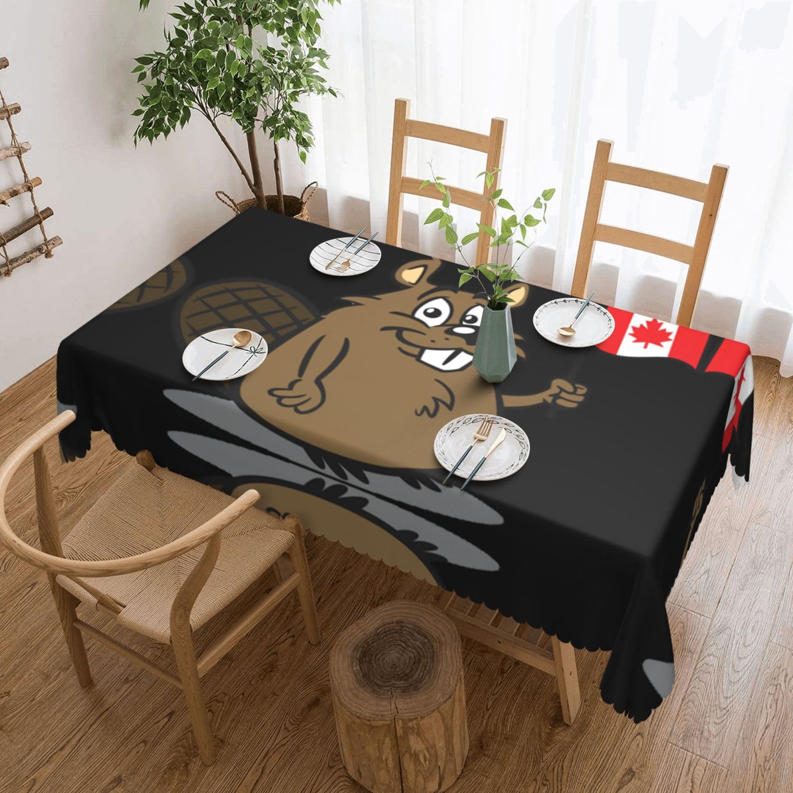 QAZWZML Beaver Printed tablecloth, made of thick polyester with lace trim, suitable for dining rooms, picnics, and weddings
