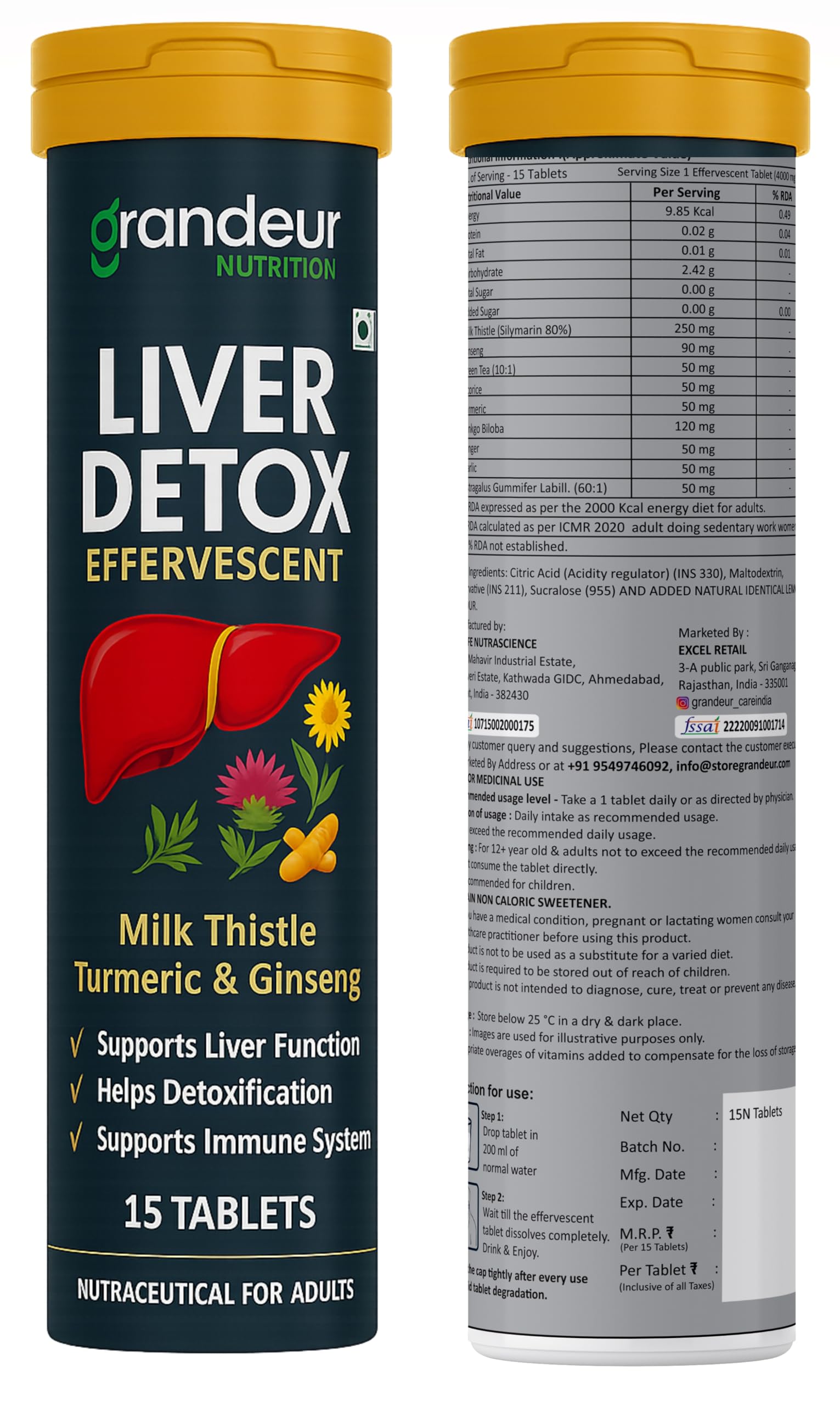 Grandeur Liver Detox Supplement | Effervescent Liver DetoxTablets with Milk Thistle, Ginseng & Turmeric — Lemon Flavor — Supports Liver Health & Detox, Boosts Immunity — 15 Sugar-Free Tablets