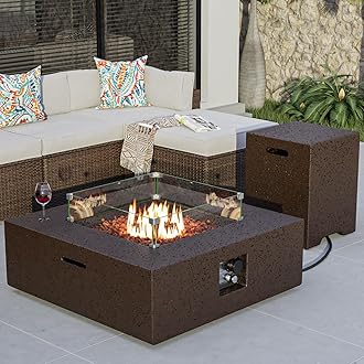 COSIEST Outdoor Propane Fire Pit Coffee Table w Square Faux Stone 35-inch Base, Certified, 50,000 BTU Stainless Steel Burner, Free Lava Rocks and Rain Cover, Wind Guard, Tank Cover, Brown
