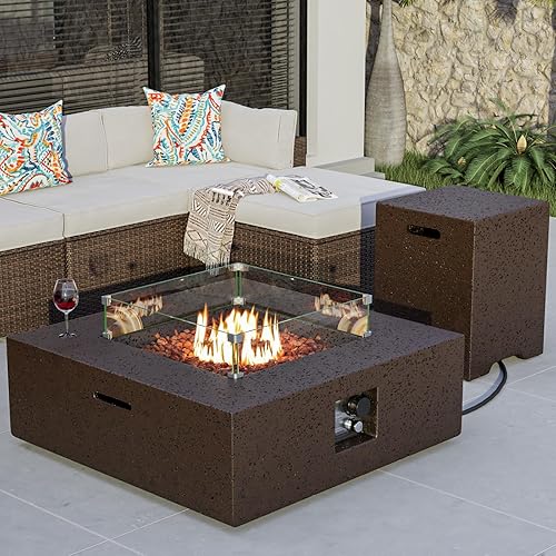Miniatura 33 de COSIEST Fogata cuadrada de propano de piedra arenisca para exteriores de 35 pulgadas con protector contra el viento y mesa auxiliar, quemador