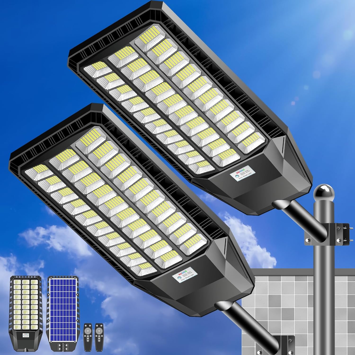 CEDIO Outdoor Solar Street Lights, Solar Lights IP66 Waterproof LED Street Light Dusk to Dawn, Flood Light with Motion Sensor for Yard (8000W-2PACK)