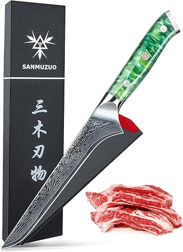 Cuchillo Bonning - Cuchillo de filete de 7 pulgadas - Serie Xuan - Cuchillo de corte de carne de acero Damasco VG10 - Mango de resina (verde jade)
