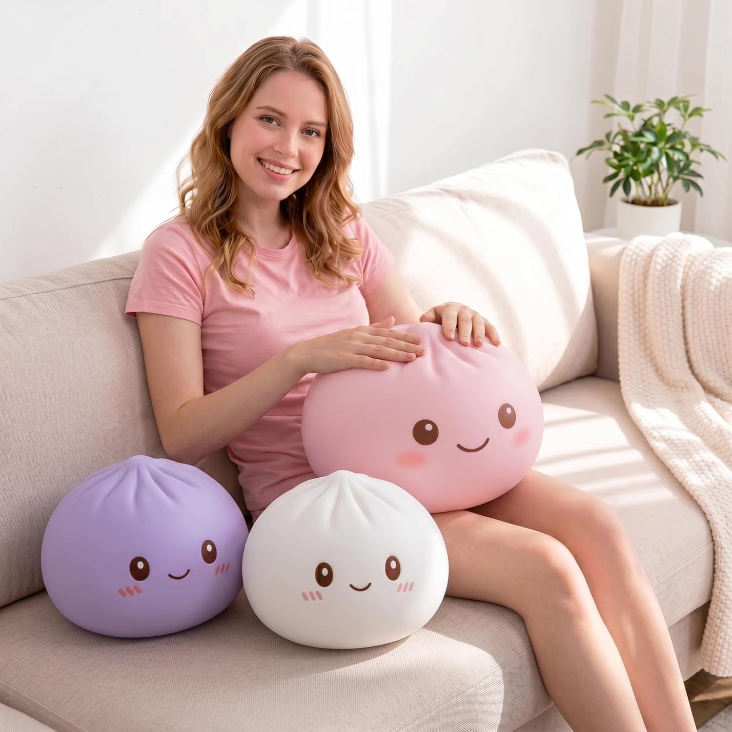 Giant Dumpling Squishy for Adults, 4/6/10 Inch Jumbo Dumpling Stress Ball, Soft Squeeze Decompression Dough, Relaxing Fidget Toy, Adult Fidget Tool (Purple M: 15cm/6 Inch) (Pink（No Steamer）,6in)