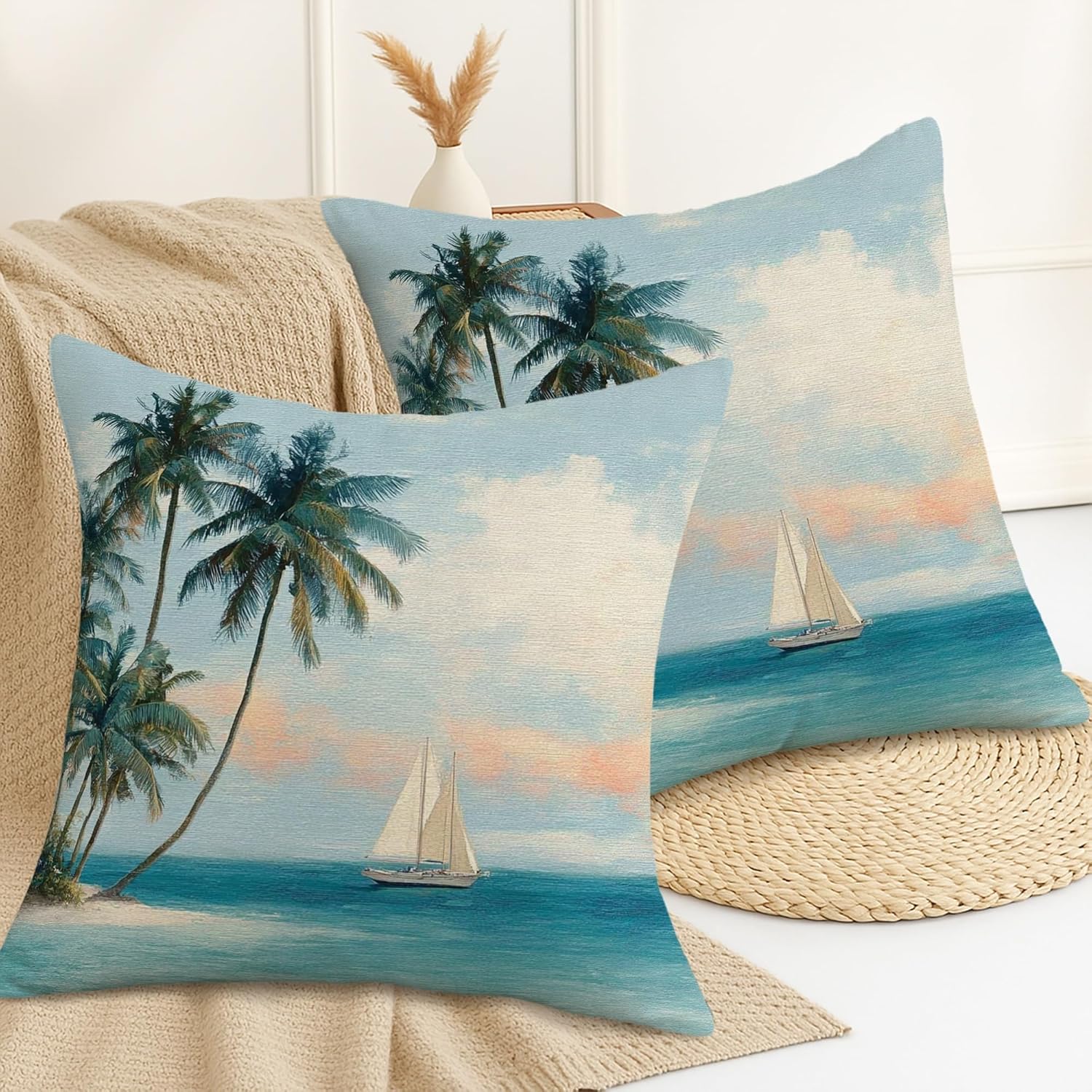 Palm Trees Throw Pillow Covers Set of 2, Tropical Coastal Sailboat Ocean Summer Turquoise Soft Velvet Washable Square Pillow Cases for Living Room Bedroom Loft Office Car Decor 28x28 Inch