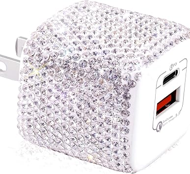 USB C Wall Charger 20W Bling PD & QC 3.0 2 Port Charger with 20W Mini USB-C Power Adapter Compatible with iPhone iPad AirPods Samsung Galaxy and More
