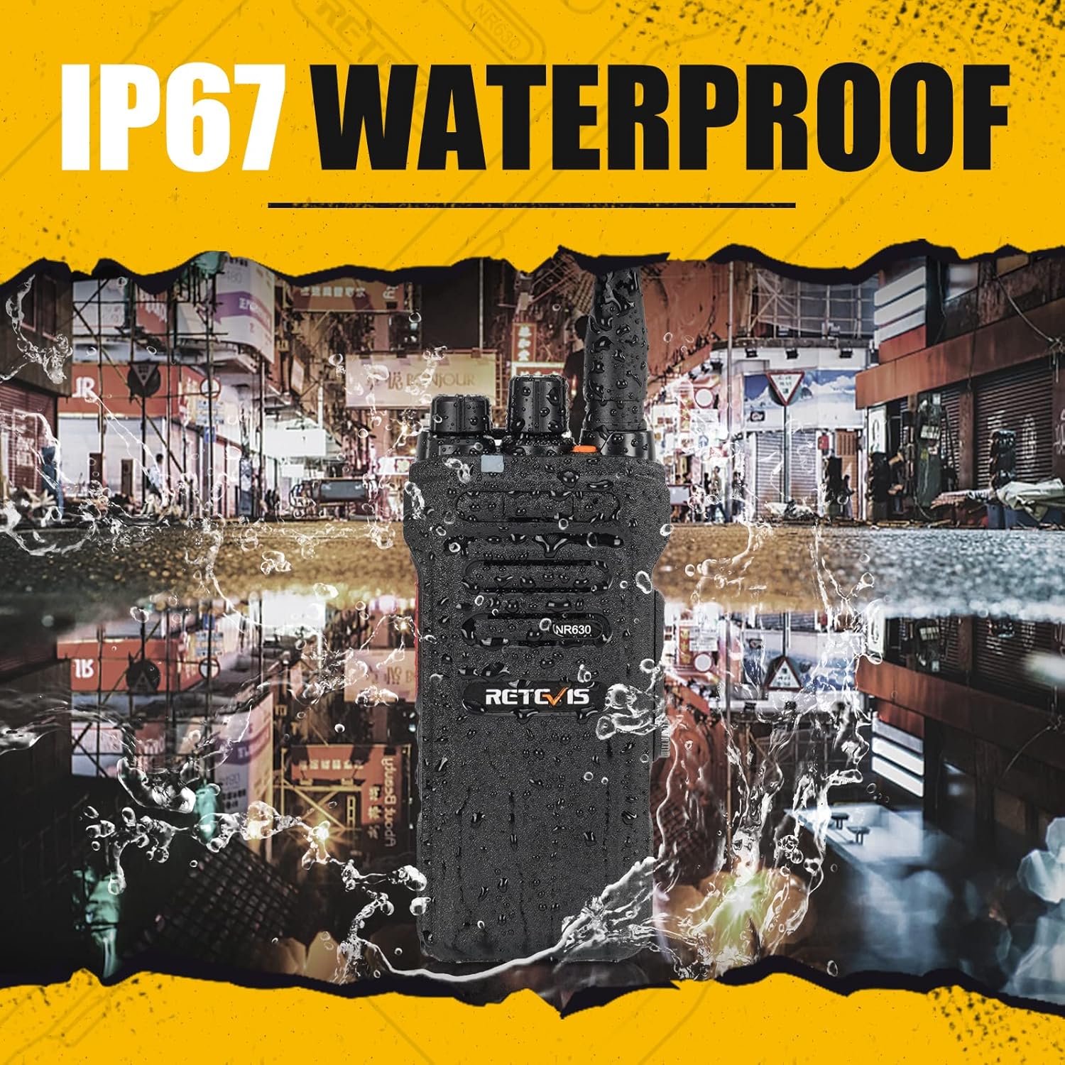 Image showing the Retevis NR630 radio submerged in water, demonstrating its IP67 waterproof rating