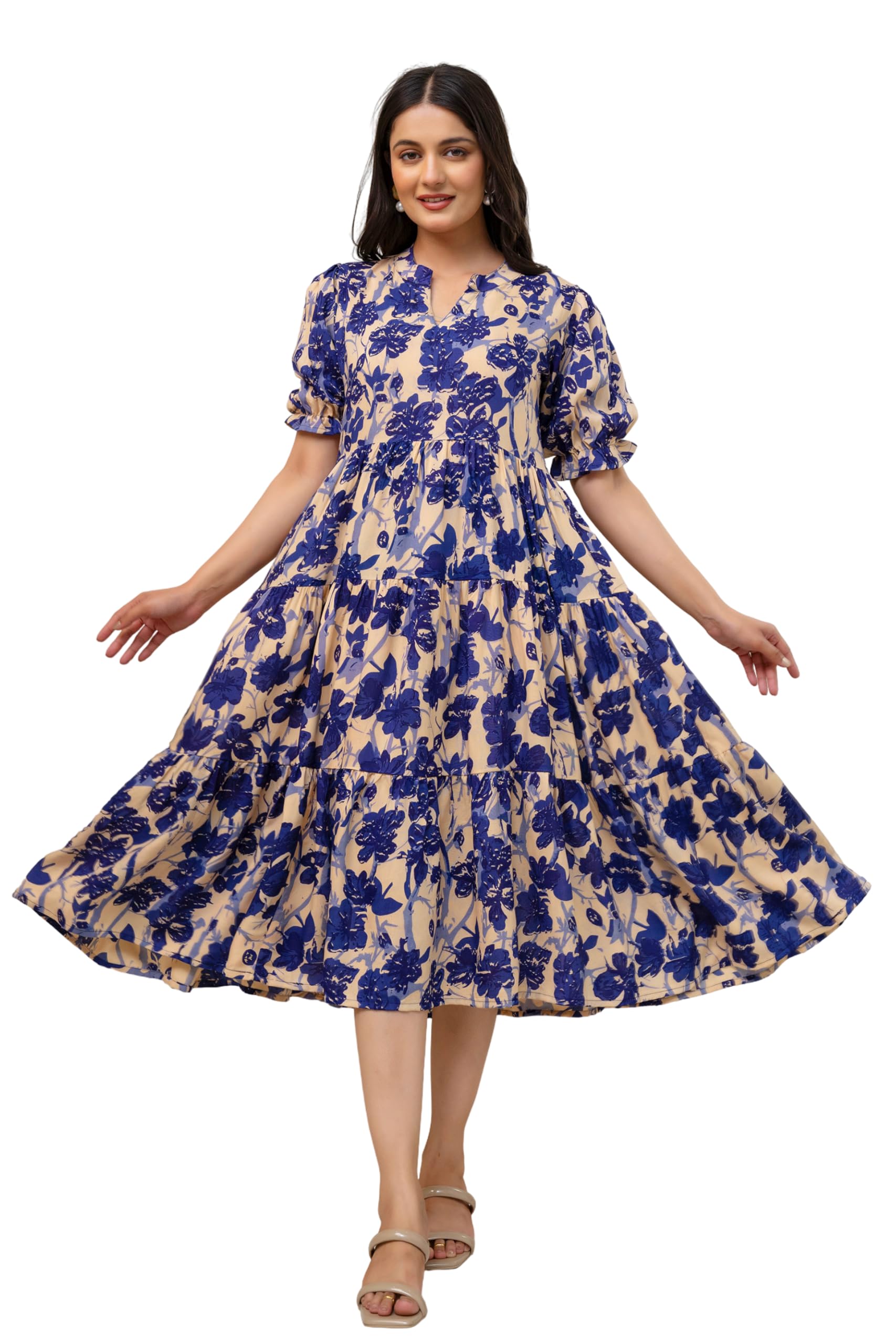 presha Women's Fit and Flare Pure Cotton Long Maxi Dress (SP-26 Blue)-picture-37