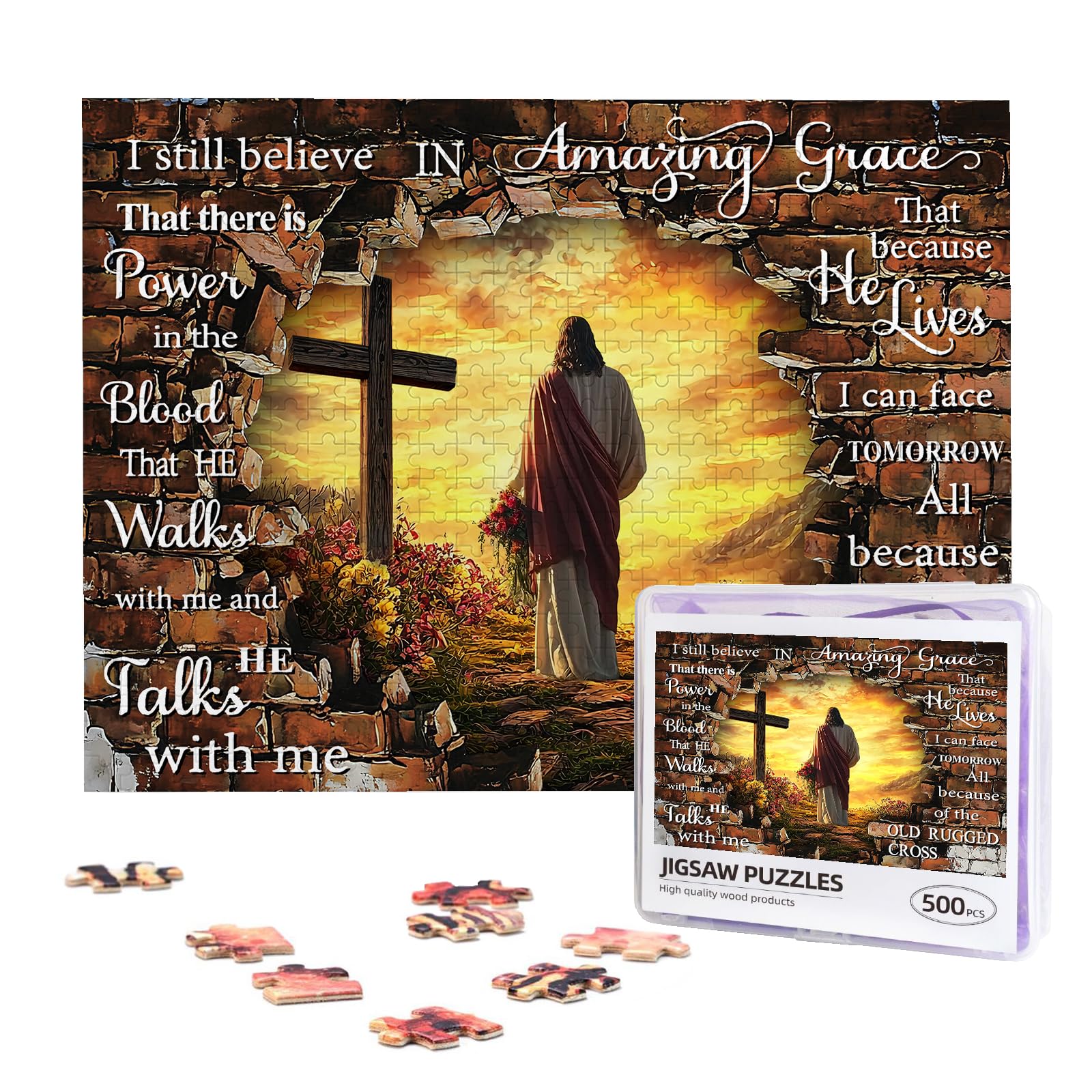 Christian Jigsaw Puzzles for Adults 500 Pieces Bible Verses Wooden Jigsaw Puzzle Jesus Cross Religious Scripture Puzzle for Family Friends Home Decor