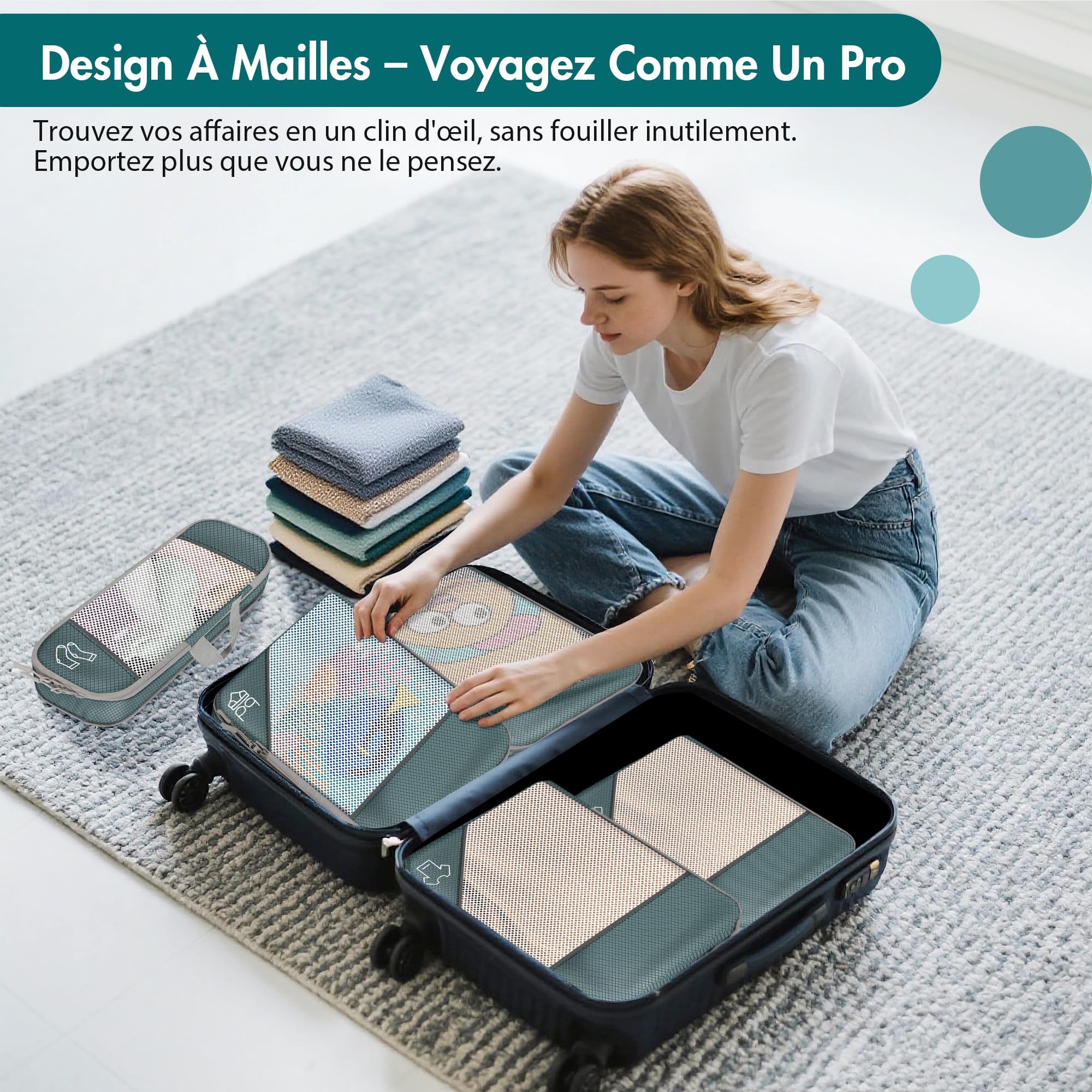 Lot de 10 Organisateurs de Valise à Compression, Packing Cubes Compression Gris, Pochettes de Rangement Voyage en Maille, Cubes de Bagage Multi-Tailles avec Sacs à Chaussures et Accessoires
