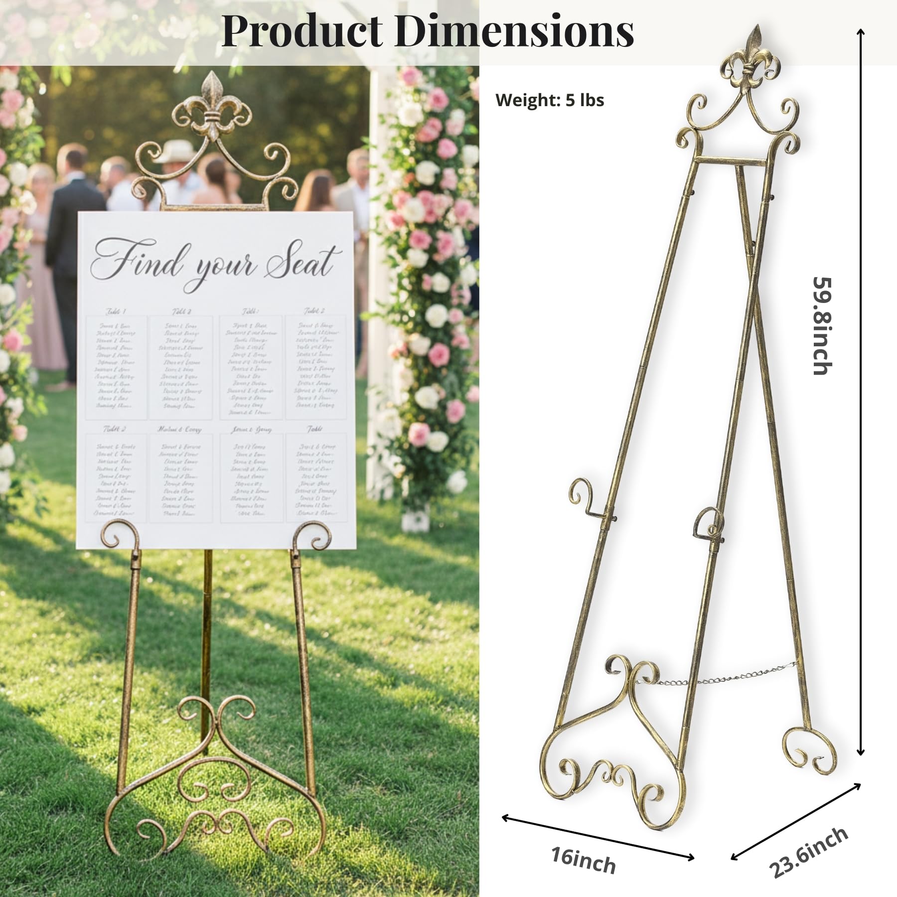 152,4 cm H Vintage Staffelei Ständer für Schilder, Metall, verstellbar | Großer Ständer zum Präsentieren von Bildern, Hochzeitsposter-Halter, Präsentation, mit Kettenstütze