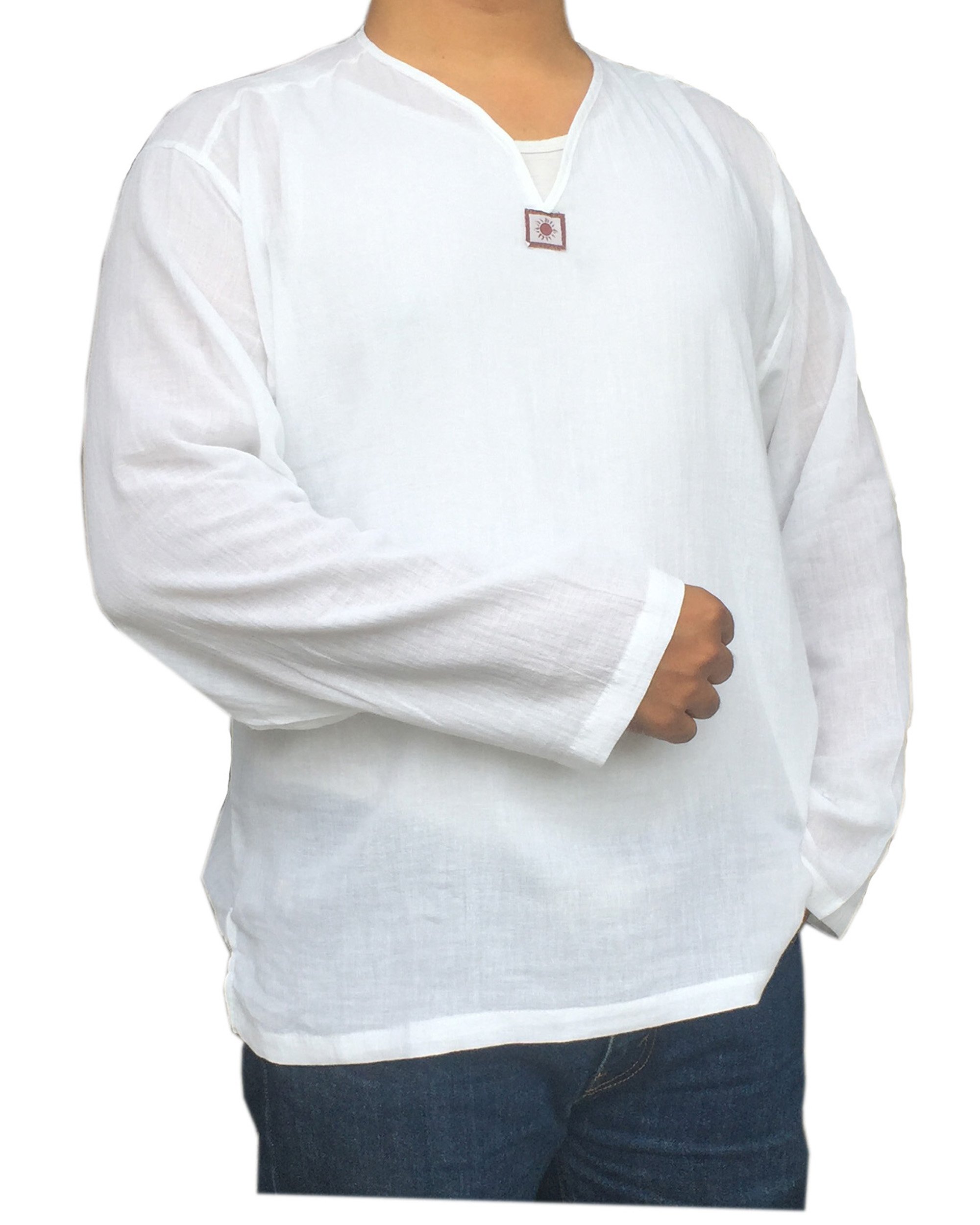 PJ White T Shirt for Men Long Sleeves V Neck - Casual Hippie Yoga Renaissance