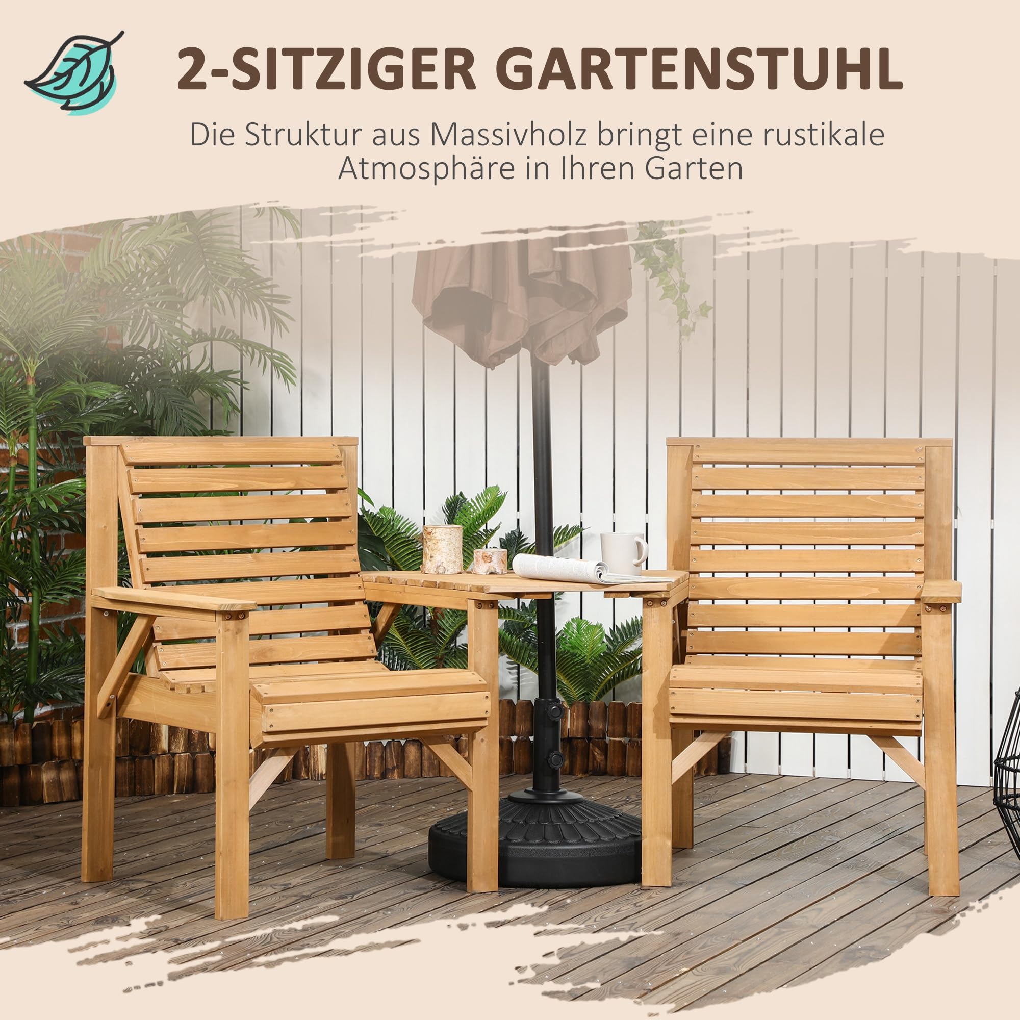 Outsunny Bistro-Set 3-teilig aus Holz Wetterfest Gartenmöbel Set mit Lamellendesign Sonnenschirmloch Gartenstühlen Outdoor Balkonmöbel Set Sitzgruppe Balkonset Gartengarnitur Braun