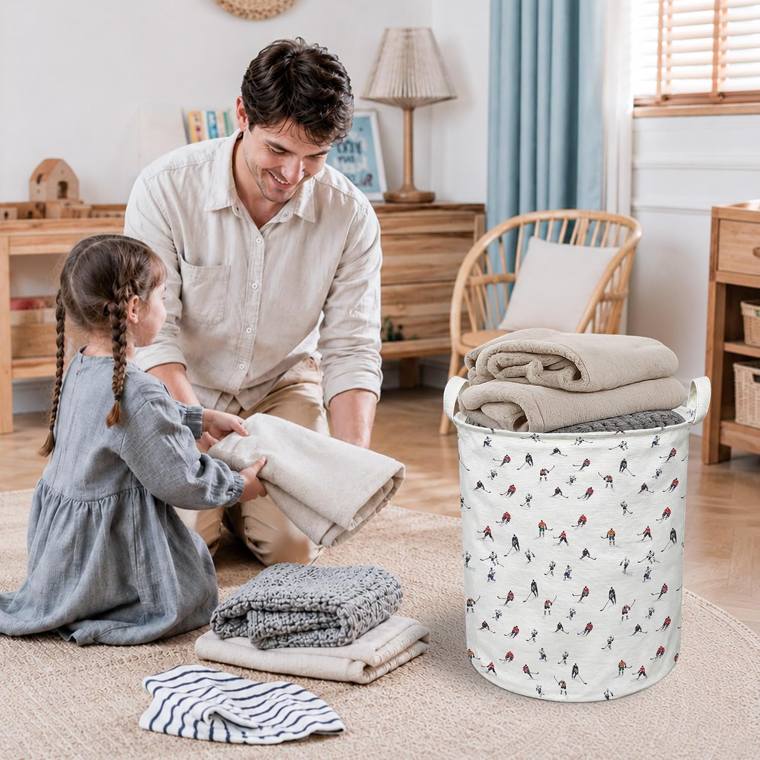 Hockey Sports Laundry Basket, Sports Collapsible Laundry Hamper with Handles, Retro Modern Minimalist Hockey Player Clothes Toy Storage Bins Containers Basket for Bathroom Bedroom