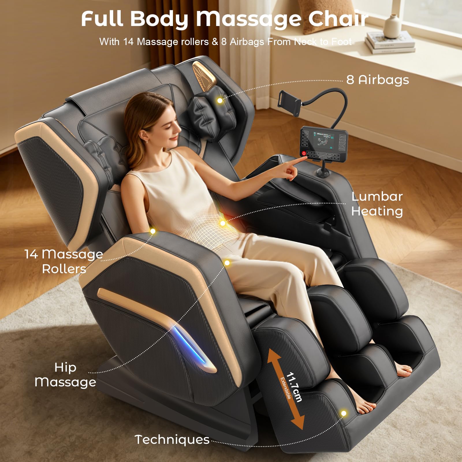 YONISEE Massagesessel, Ganzkörper-Massagesessel mit 14 Massagepunkten | Heizfunktion, 8 Airbags, Bluetooth-Lautsprecher, Touch-Fernbedienung, Fußmassage, Handyhalterung, Zero Gravity