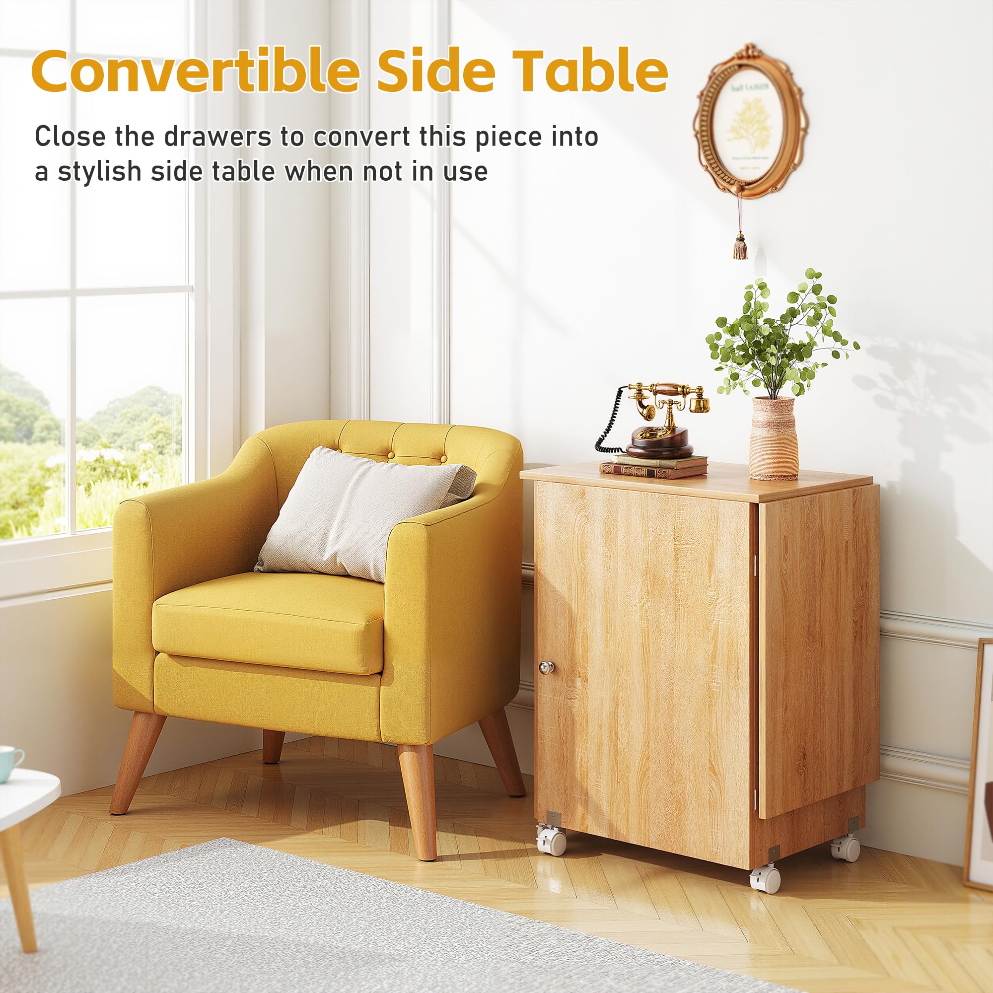 Mesa de costura plegable, estación de manualidades multiusos y escritorio lateral con diseño compacto, ruedas, estantes, contenedores, clavijas, puertas magnéticas, pomos de puerta de metal,