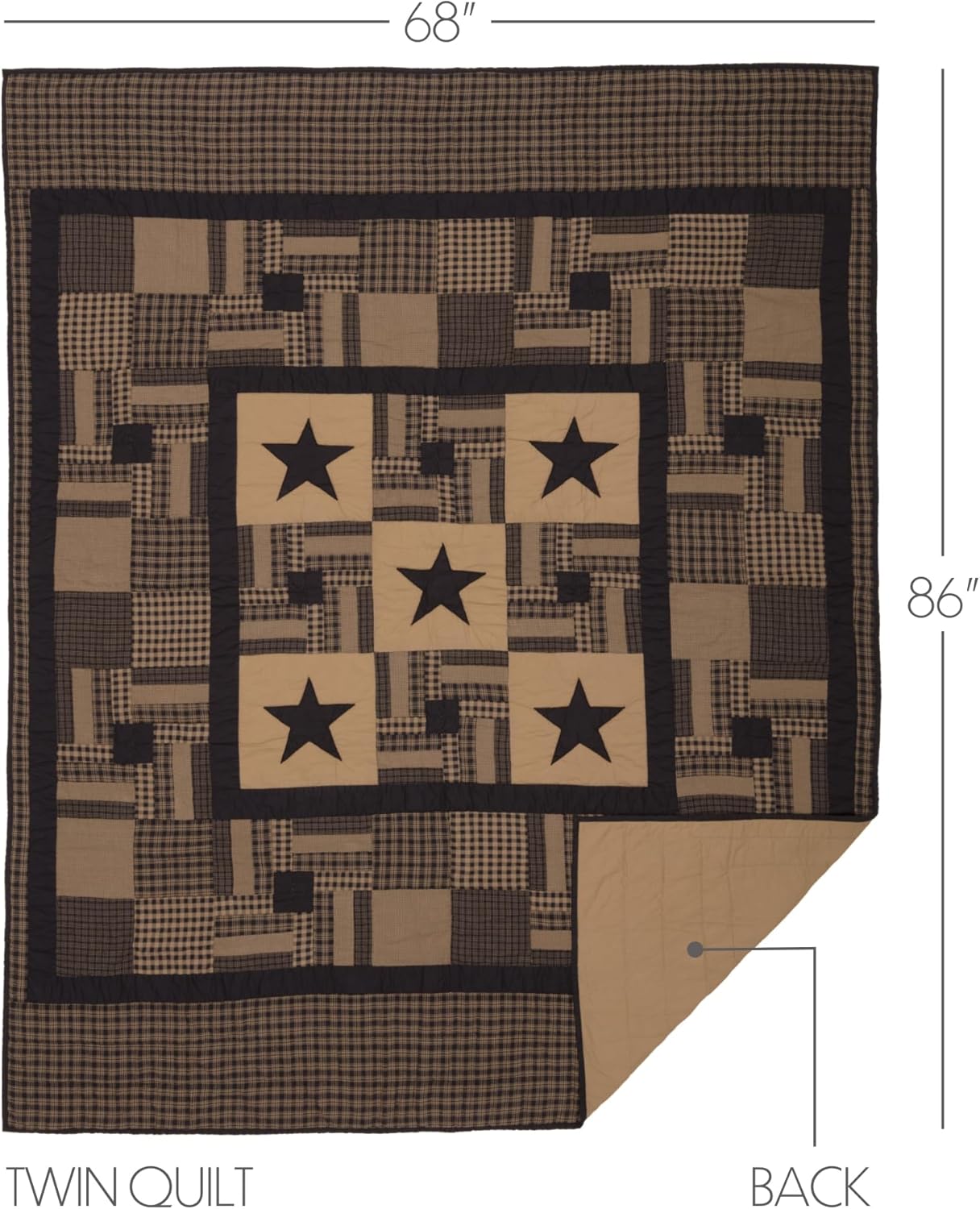 VHC Brands Black Check Star Twin Quilt 68Wx86L Country Rustic Primitive Design, Black and Tan