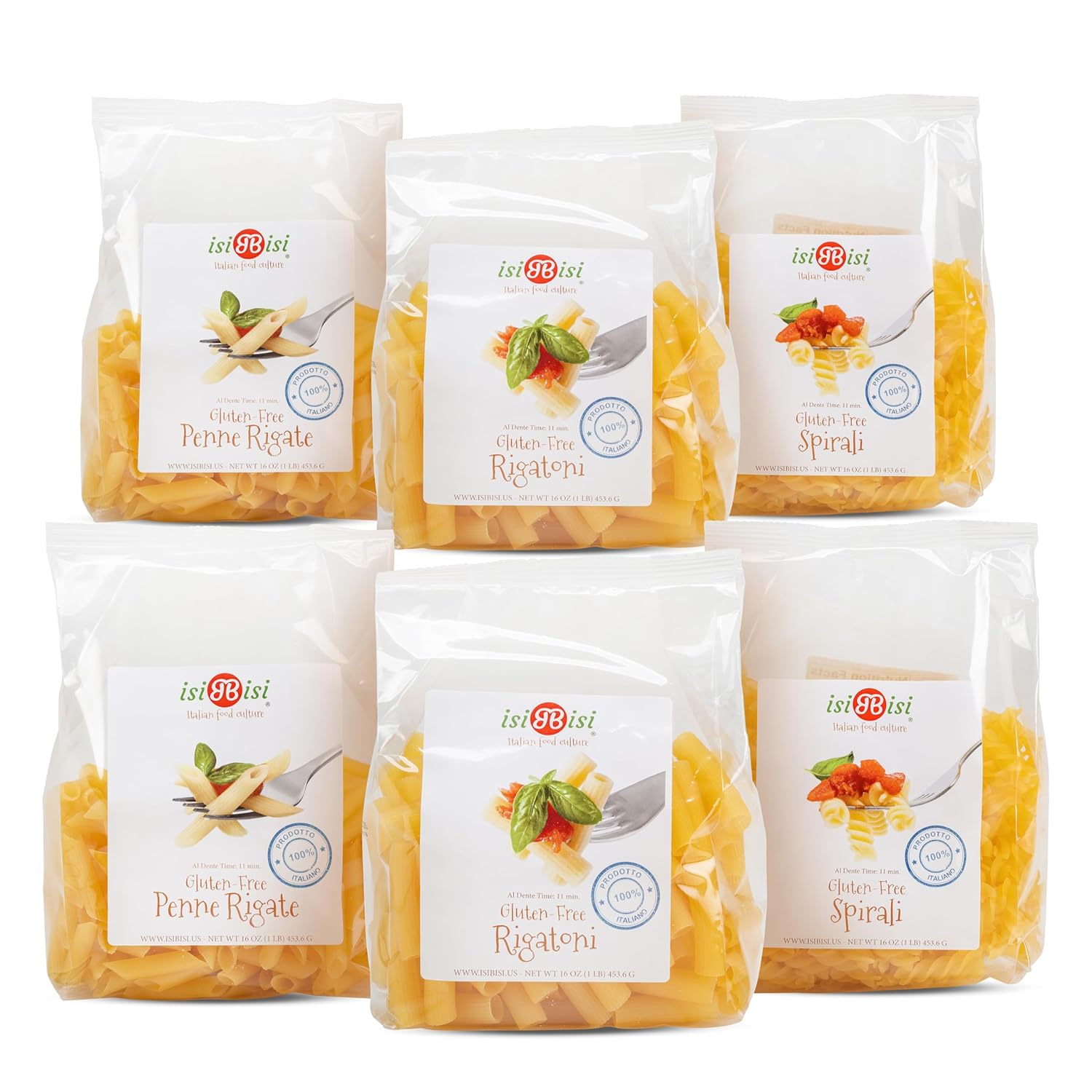 isiBisi Gluten-Free Pasta Sampler, 6-Pack - Penne, Rigatoni, Spirali Noodles - Non GMO Vegan, Made in Italy