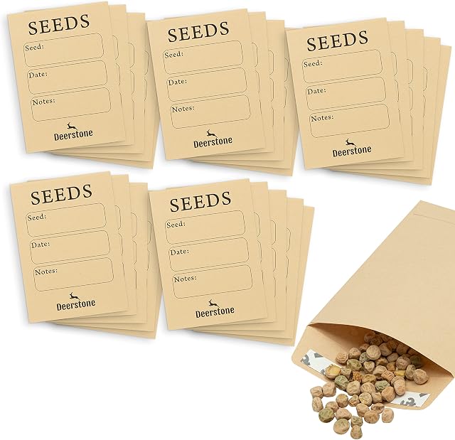 Deerstone Small Seed Envelopes Brown (Pack of 25) 12.5cm x 9cm 120 GSM Quality Kraft Paper with Peel and Seal Closure and Printed Sections for Notes
