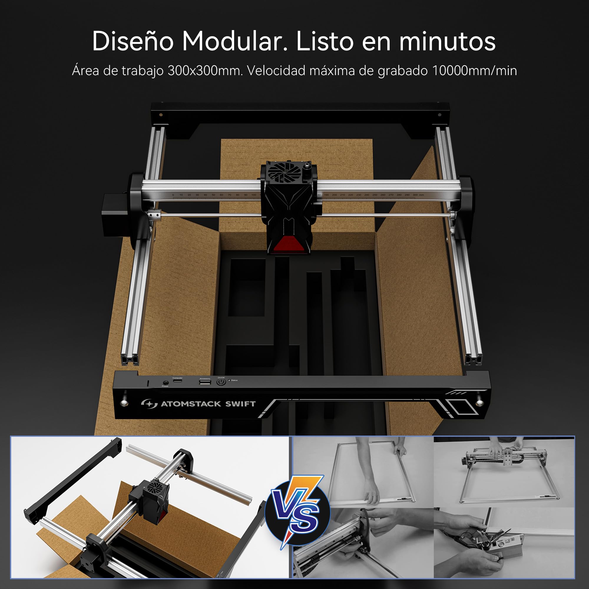 ATOMSTACK Swift 7W Grabadora Láser Máquina de Grabado Láser de Alta Precisión 0,01mm Para Personalización en Serie DIY Cortador Láser Para Madera Cuero Área de Grabado 300x300mm (SWIFT 7W Negro)