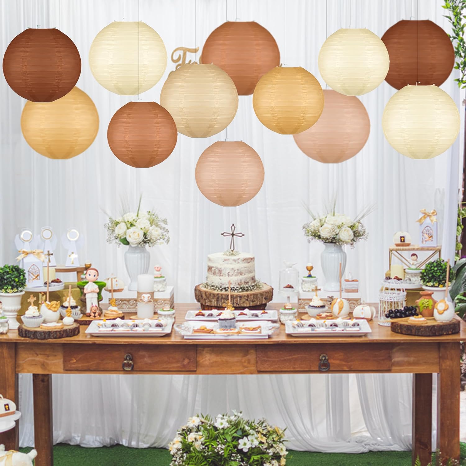 12 Pcs Boho Paper Lanterns, 10'' Brown Party Decorations, Hanging Paper Lanterns Party Decorations for Classroom Western Wedding Baby Shower Home Decor