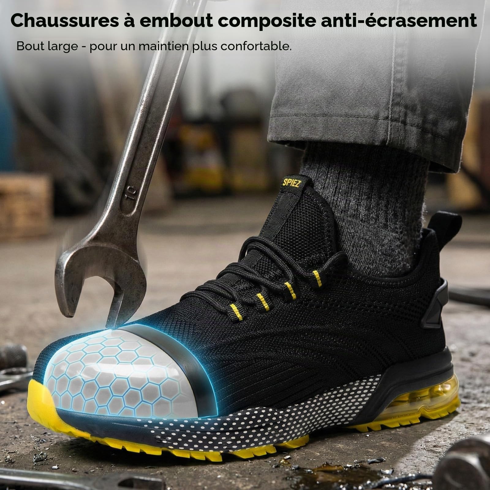 SPIEZ Chaussures de Sécurité Homme Baskets à Embout en Acier, Chaussures Sécurité Anti-Crevaison et Anti-Eclaboussures, Légères et Respirantes