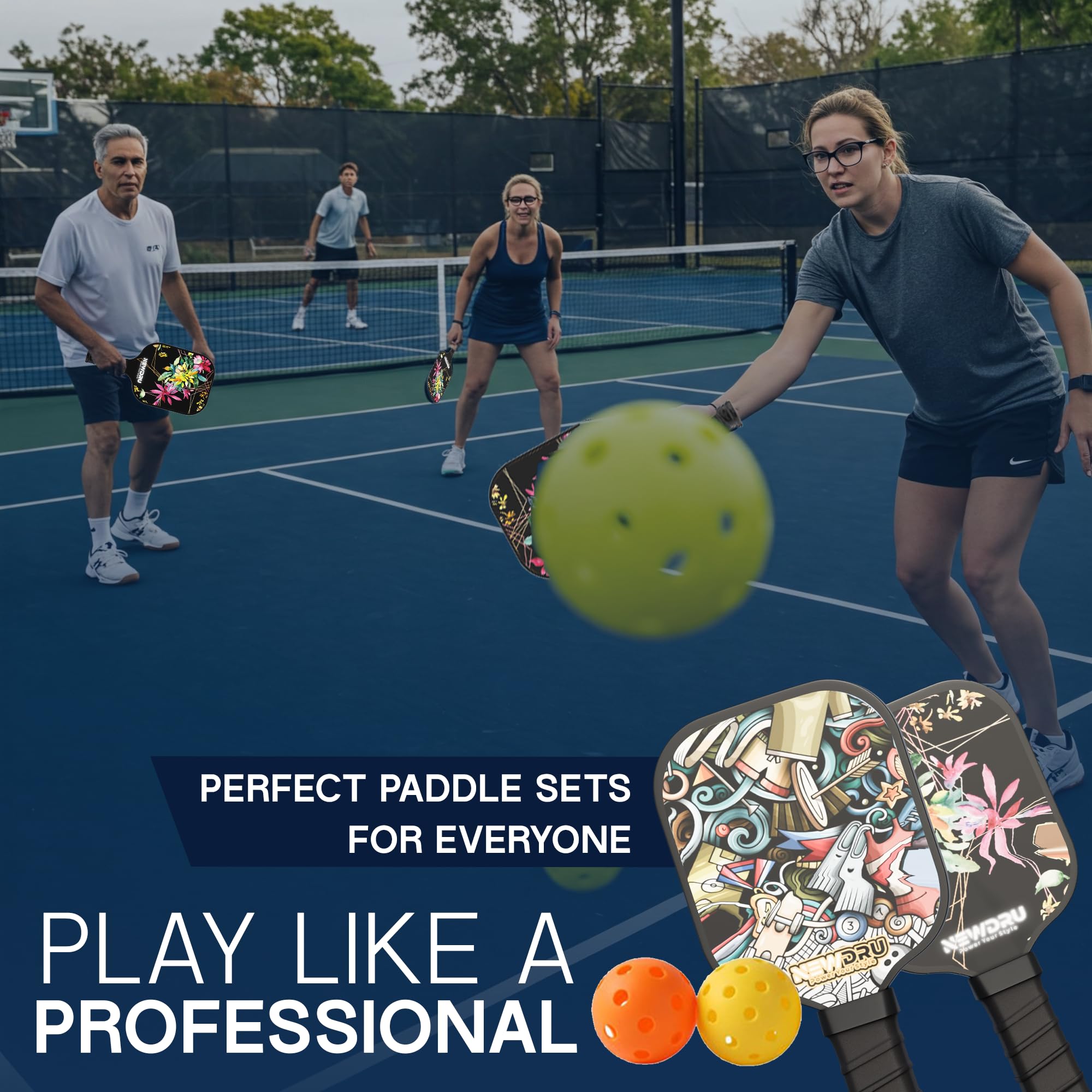 NEWDRU Pickleball Paddle Set 2 Rackets & 4 Ball - Fiberglass Surface for Power & Control | Honeycomb Base Cushion Comfort Grip (2 Rackets, 4 Outdoor Balls & Portable Racquet Bag) - Space & Stars 3