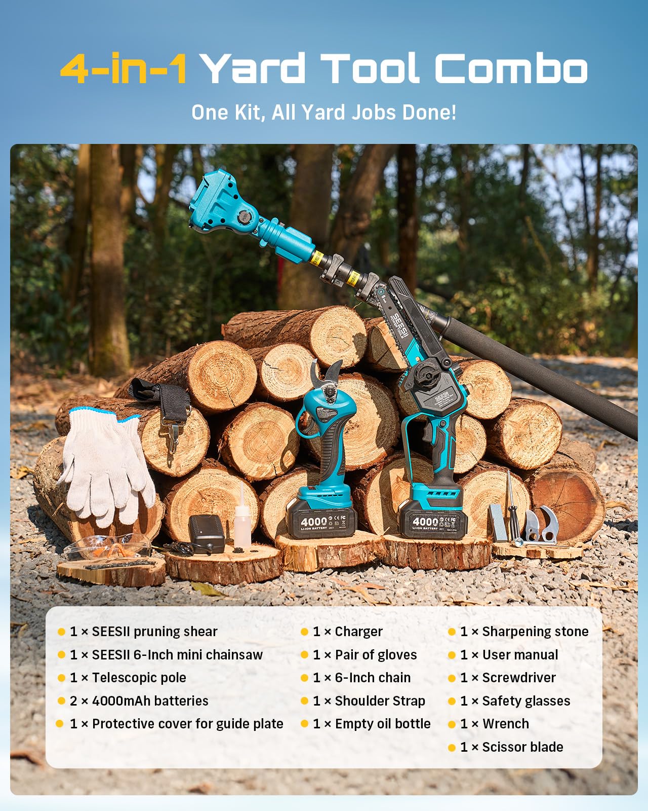 Seesii Ensemble combiné 4 en 1 avec scie à bâton et ciseaux de jardin, mini tronçonneuse de 15,2 cm pour la taille des arbres