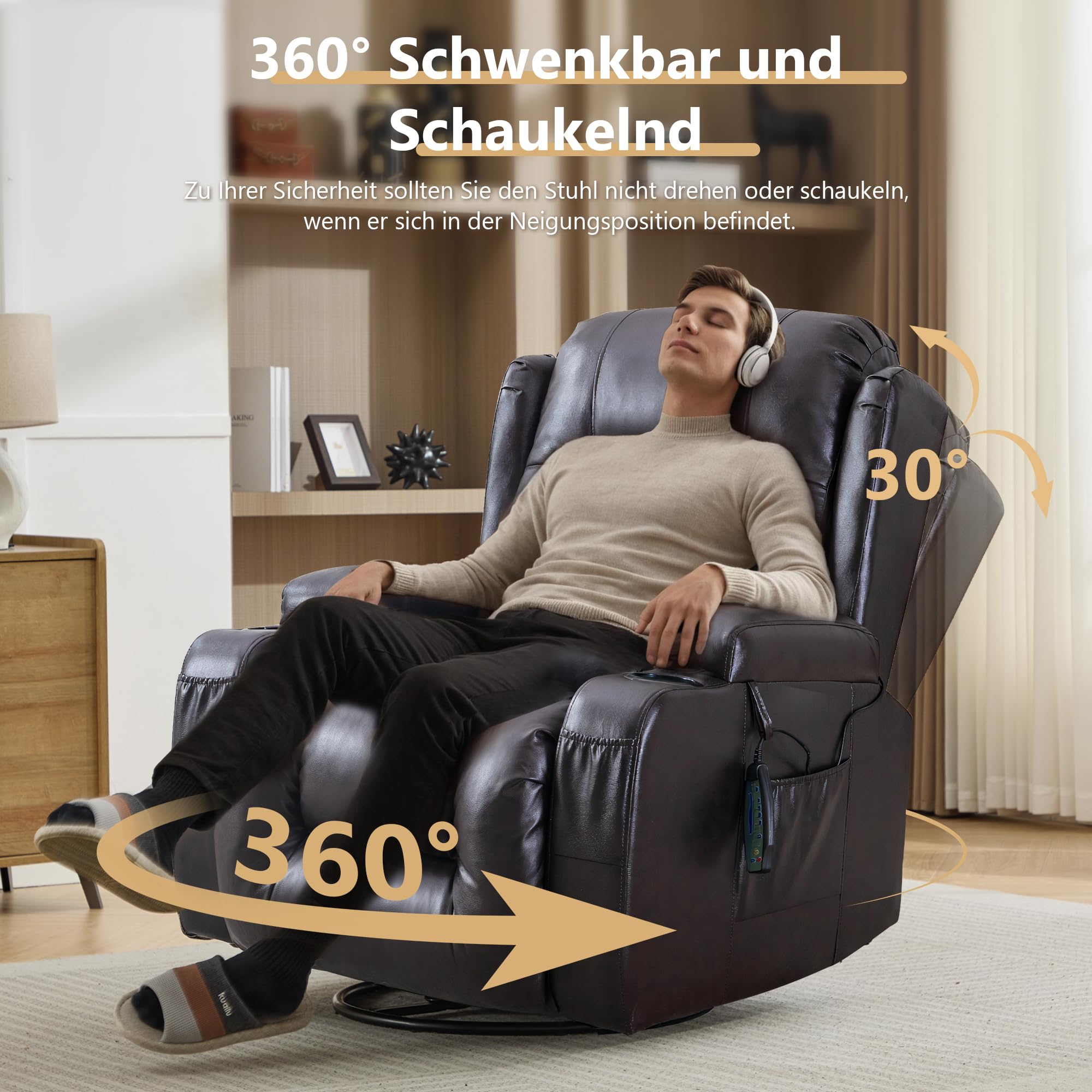 Relaxsessel mit Liegefunktion, Massagesessel mit Wärmefunktion, 360° Drehbarer Fernsehsessel Wohnzimmer, Schaukelstuhl mit Kissen/Seitentaschen/Getränkehalter (Rötlich-braun)
