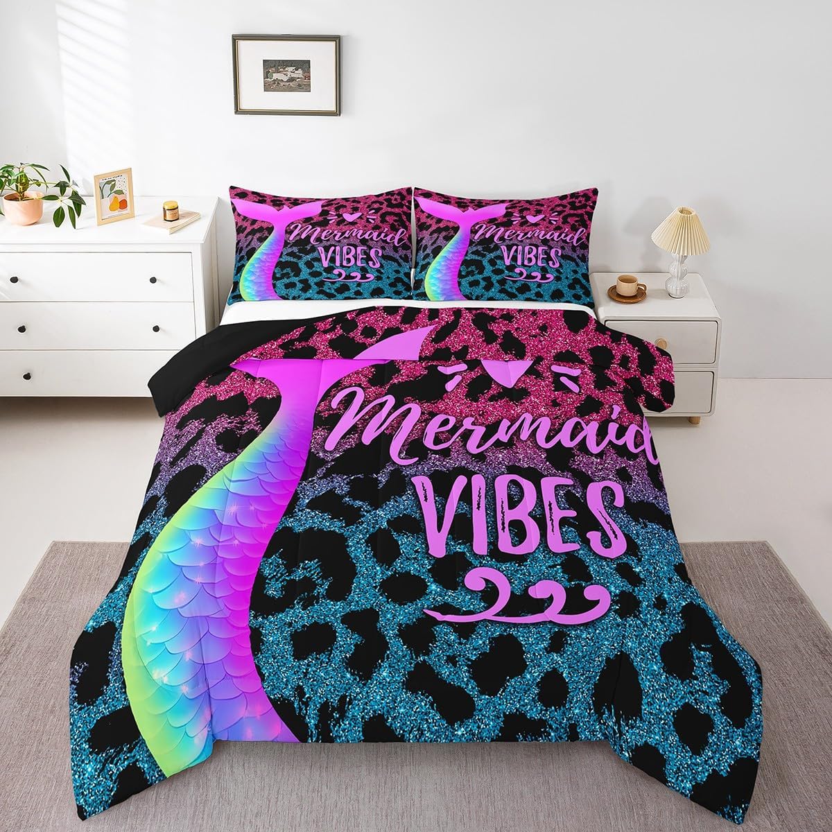 Erosebridal Leopard Print Comforter Set, Mermaid Fish Scales Bedding Set Twin Size for Kids Girls Women Bedroom Decor, Colorful Cheetah Skin Quilted Duvet Rainbow Down Comforter with 1 Pillow Case