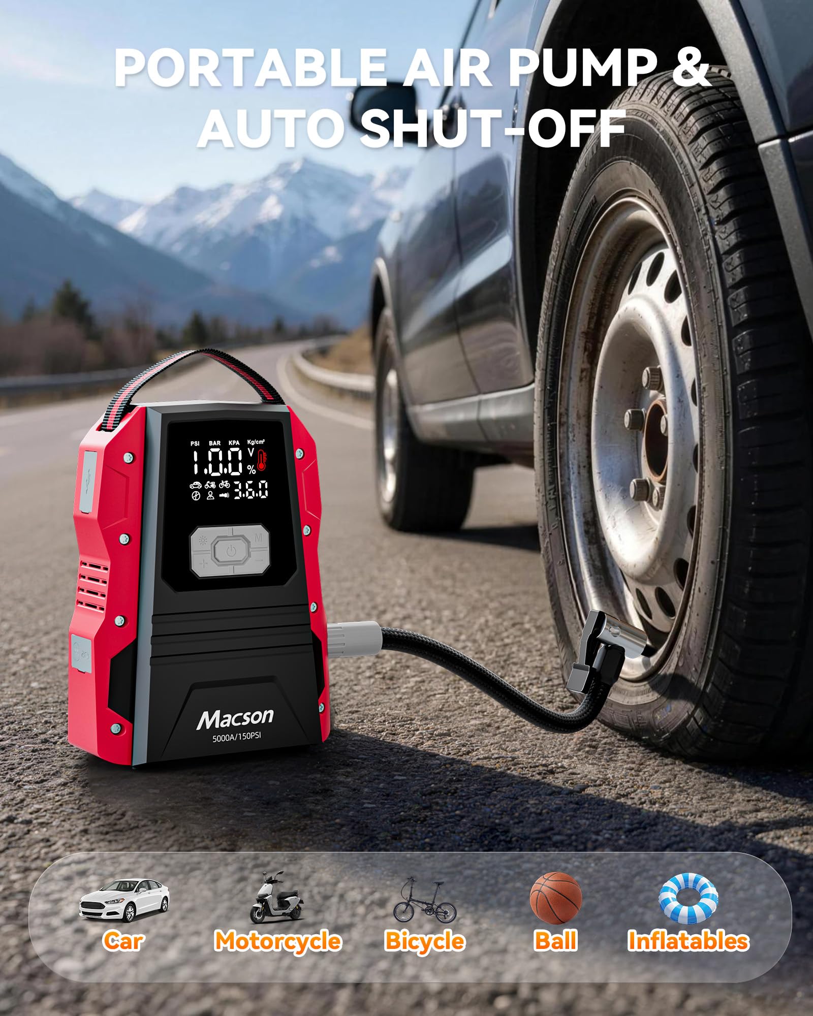 Macson Batteria per auto da 5000 A, batteria portatile da 12 V, per motori diesel da 9,0 l, avviamento con 150 PSI, cavo di avviamento, torcia a LED pieghevole
