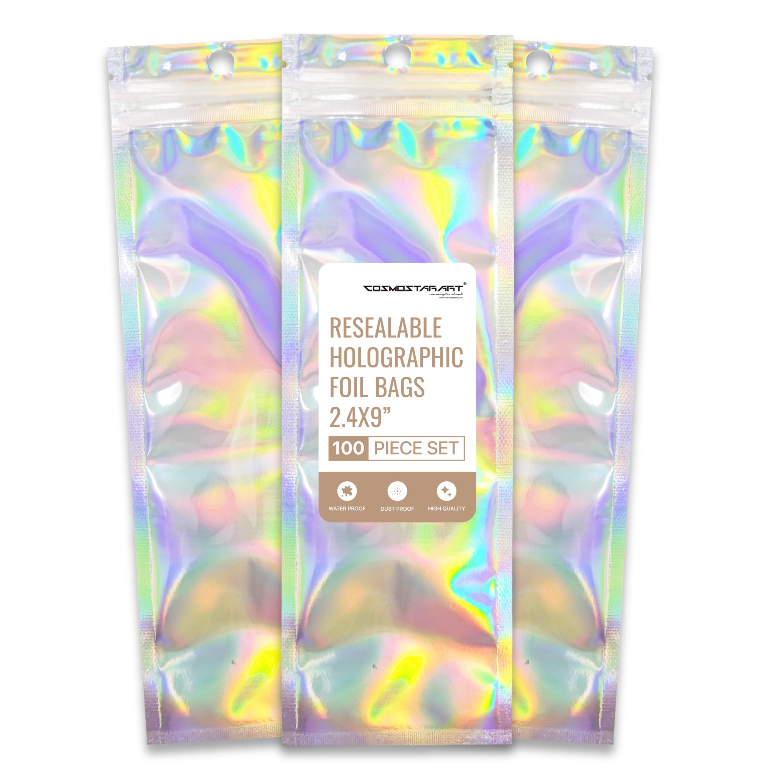 COSMOSTARART 100 Pack Holographic Resealable Bags (2.4"x9") for Jewelry & Small Business