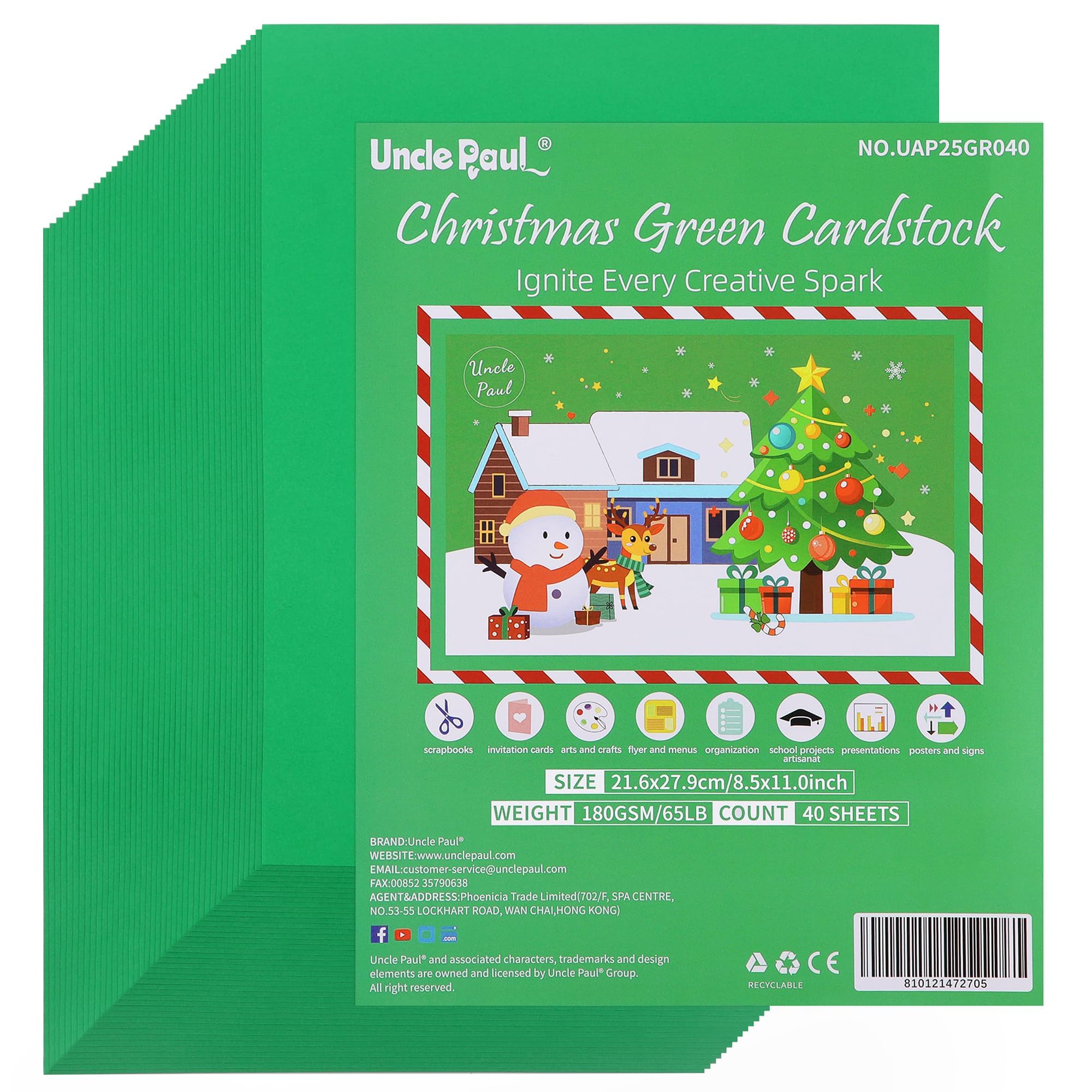 Uncle Paul 40 Sheets Christmas Green Cardstock - 8.5'' x 11'' Double-sided Cover Card Stock 65lb Printer Paper Perfect for Scrapbooking, Crafts,