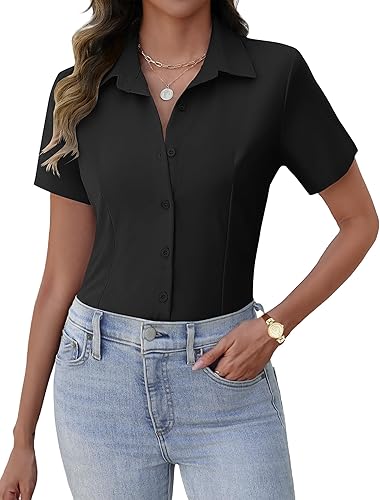 Zeagoo Camisas de vestir de manga corta con botones para mujer, blusas básicas de trabajo con cuello de negocios