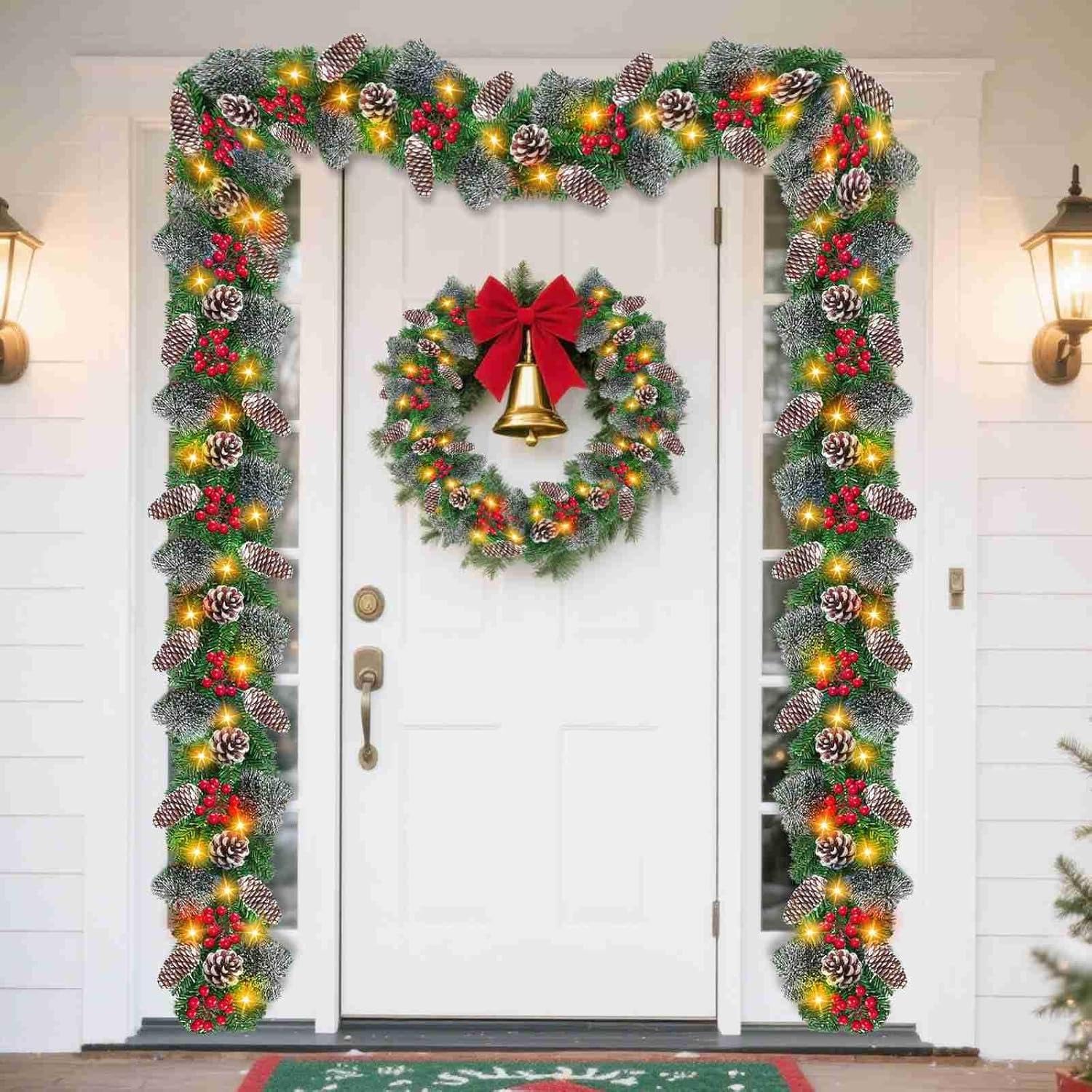 Guirnalda de Navidad prémium de 9 pies con 50 luces LED, 15 conos de pino, 32 bayas rojas y 260 ramas exuberantes | 8 modos de iluminación, funciona con pilas con temporizador | para decoración