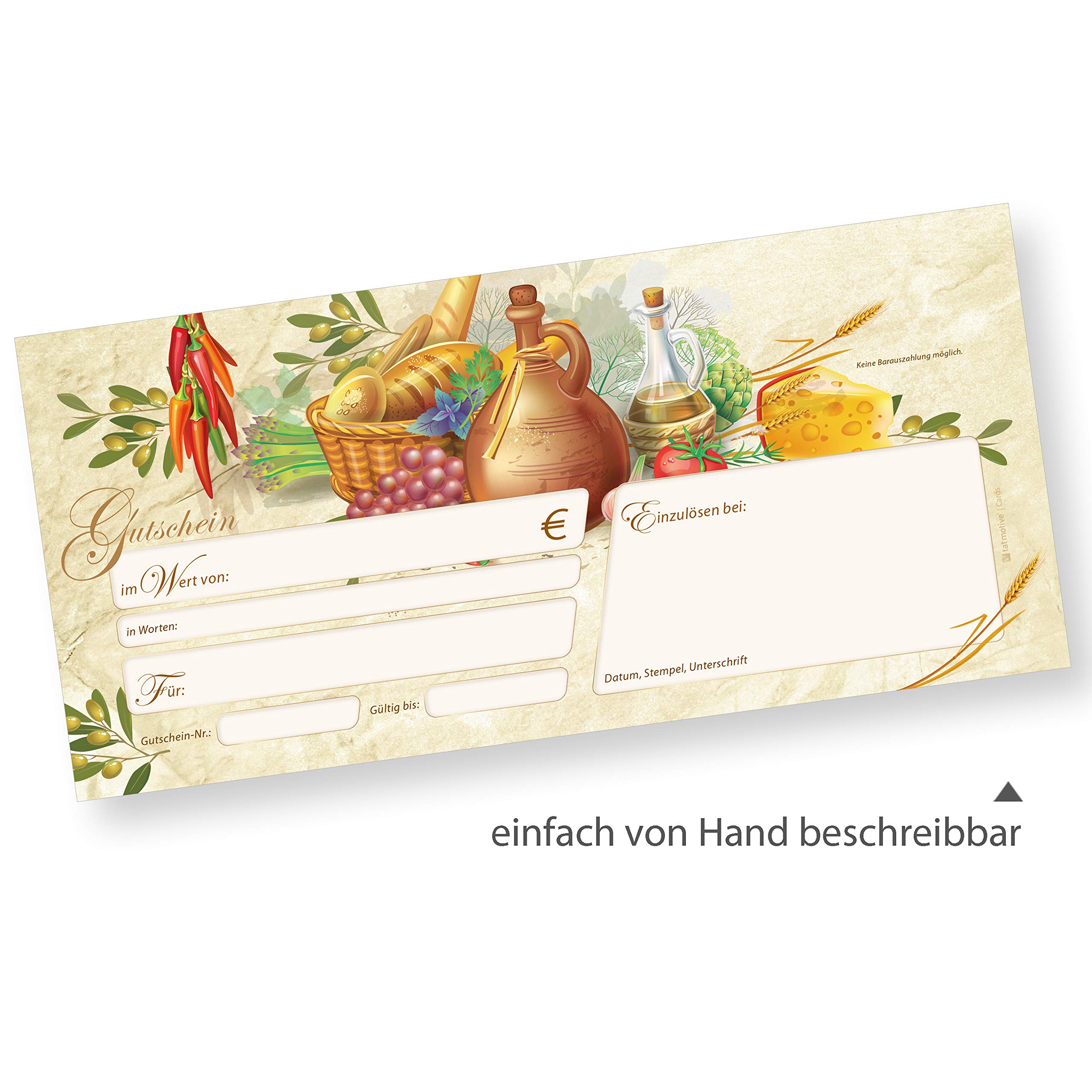 tatmotive RUSTICO Geschenkgutscheine Gastro 250 Stück mit Umschläge Werte eintragen und stempeln, Gutscheinkarten für Gastronomie, Restaurant Pizzeria italienisch